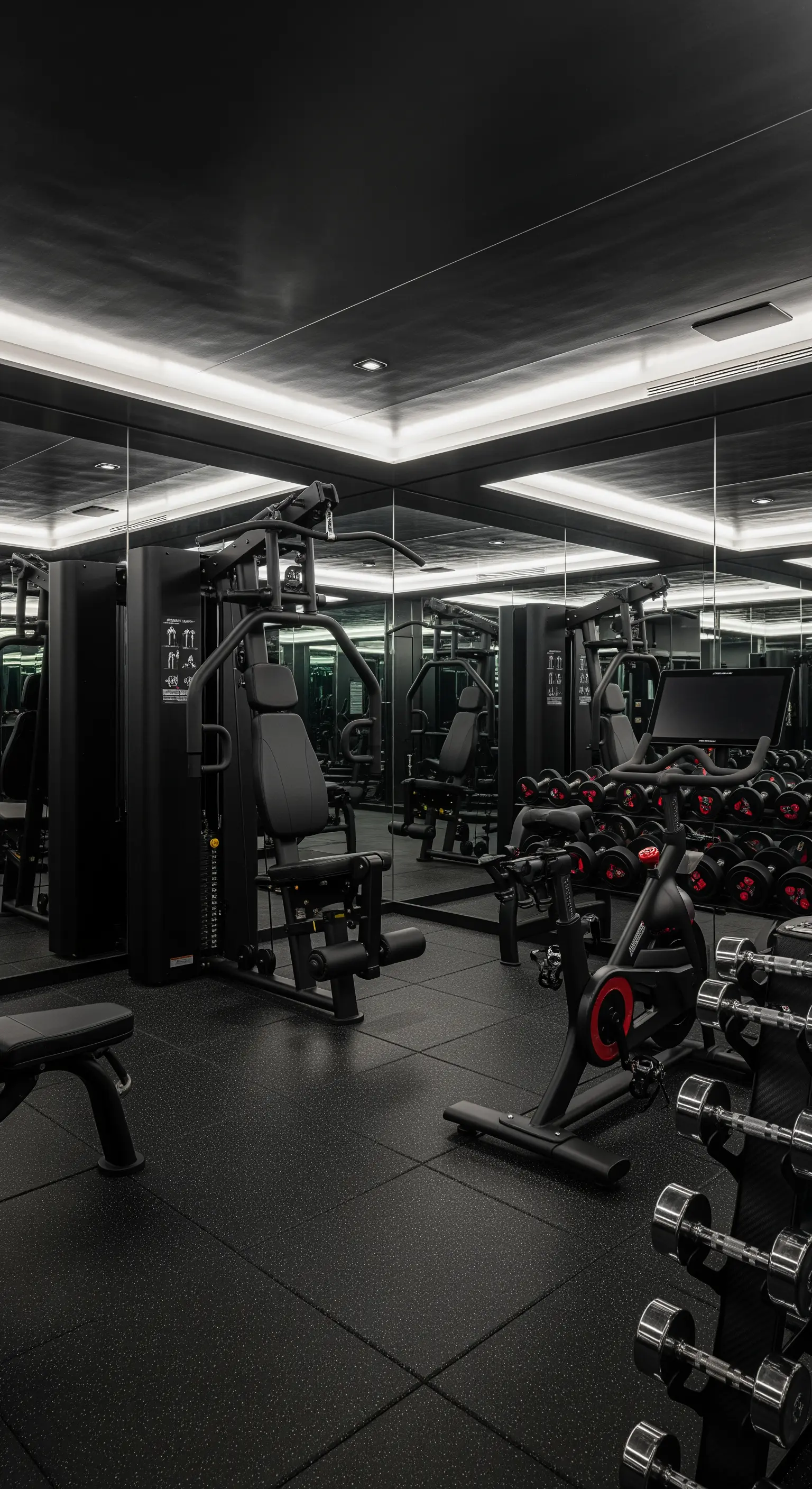 Heim-Fitnessstudio mit dunkler Decke, indirekter Perimeterbeleuchtung und Spiegelwänden