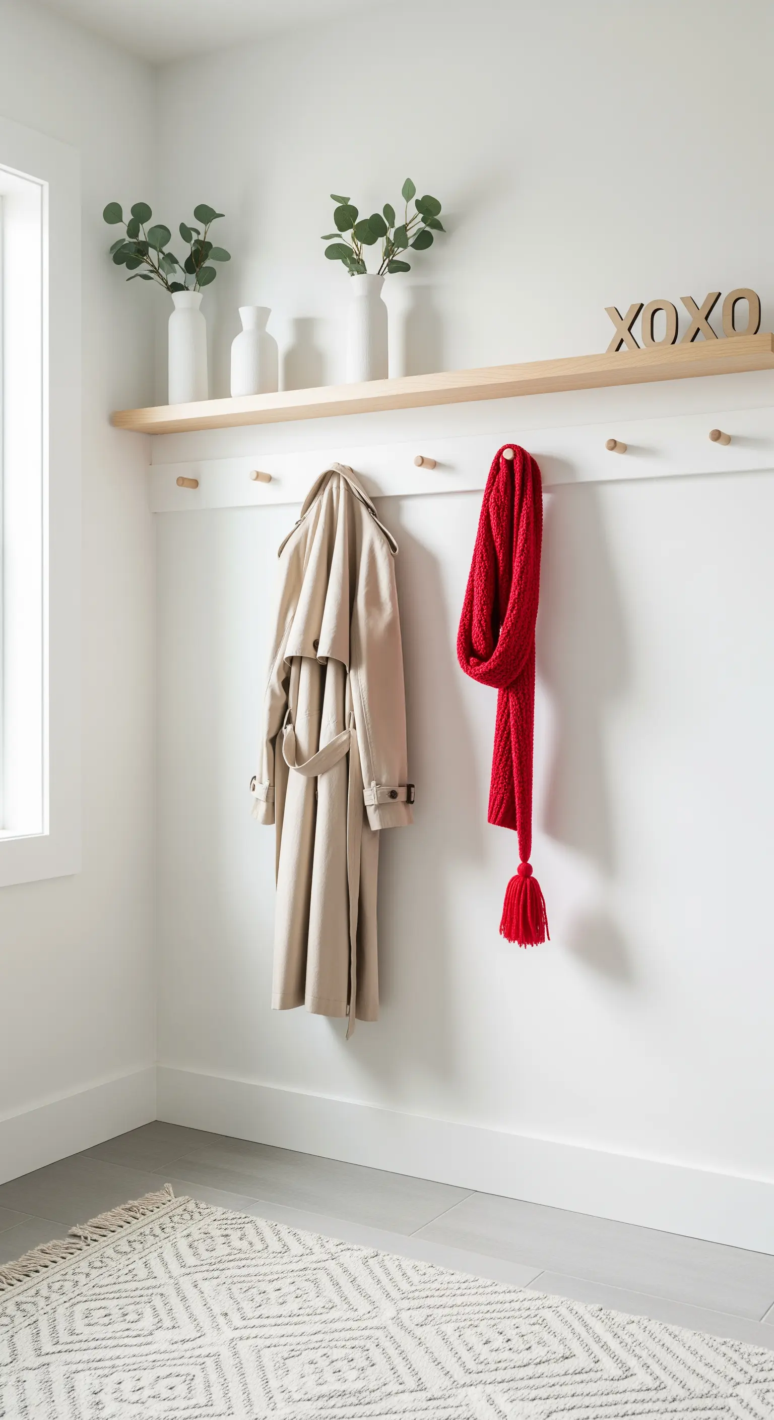 Weißer Flur mit Holzablage, Haken, weißen Vasen und rotem Schal.