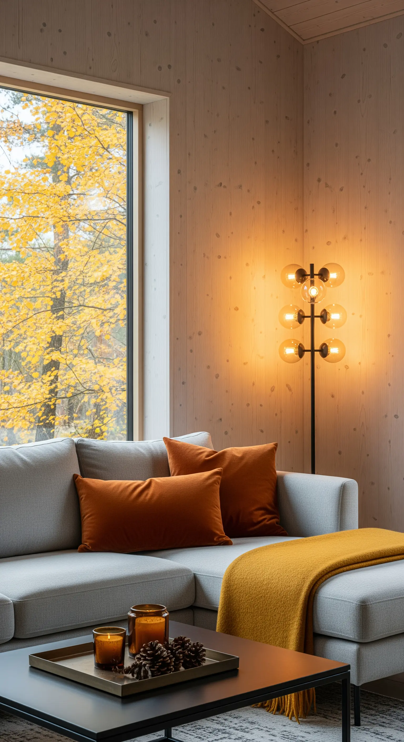 Modernes Wohnzimmer mit Fensterblick auf Herbstbäume, gelben und orangefarbenen Kissen und Decken