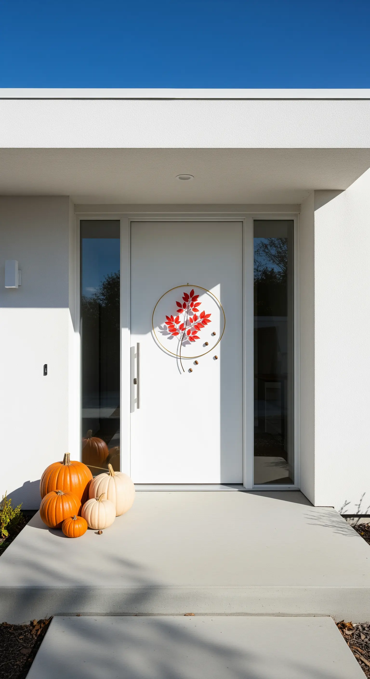 Weiße, moderne Haustür mit minimalistischem Herbstlaub-Ringkranz und Kürbissen