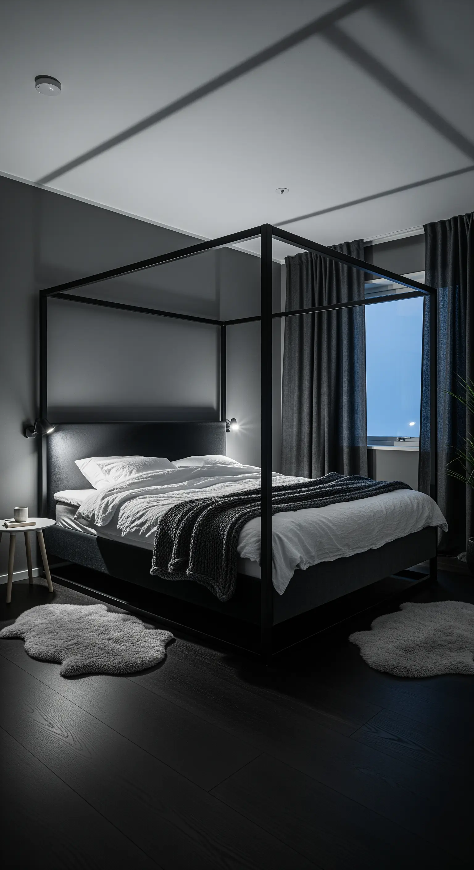 Minimalistisches Himmelbett, grau, mattschwarz, Schaffellteppiche, moderne Beleuchtung
