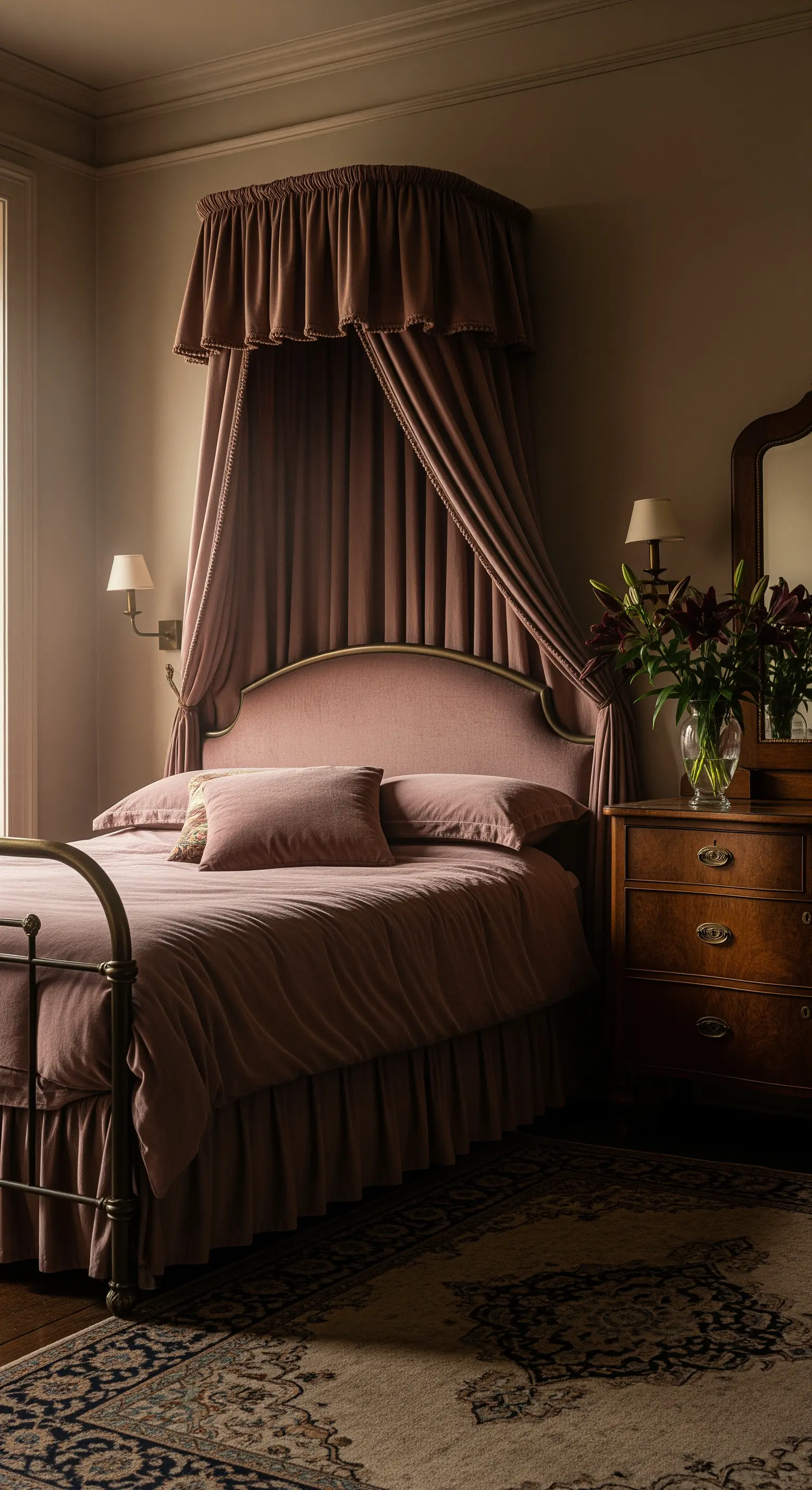 Modernes Himmelbett, Holzakzentwand, goldene Intarsien, blaue Polsterung, minimalistisch