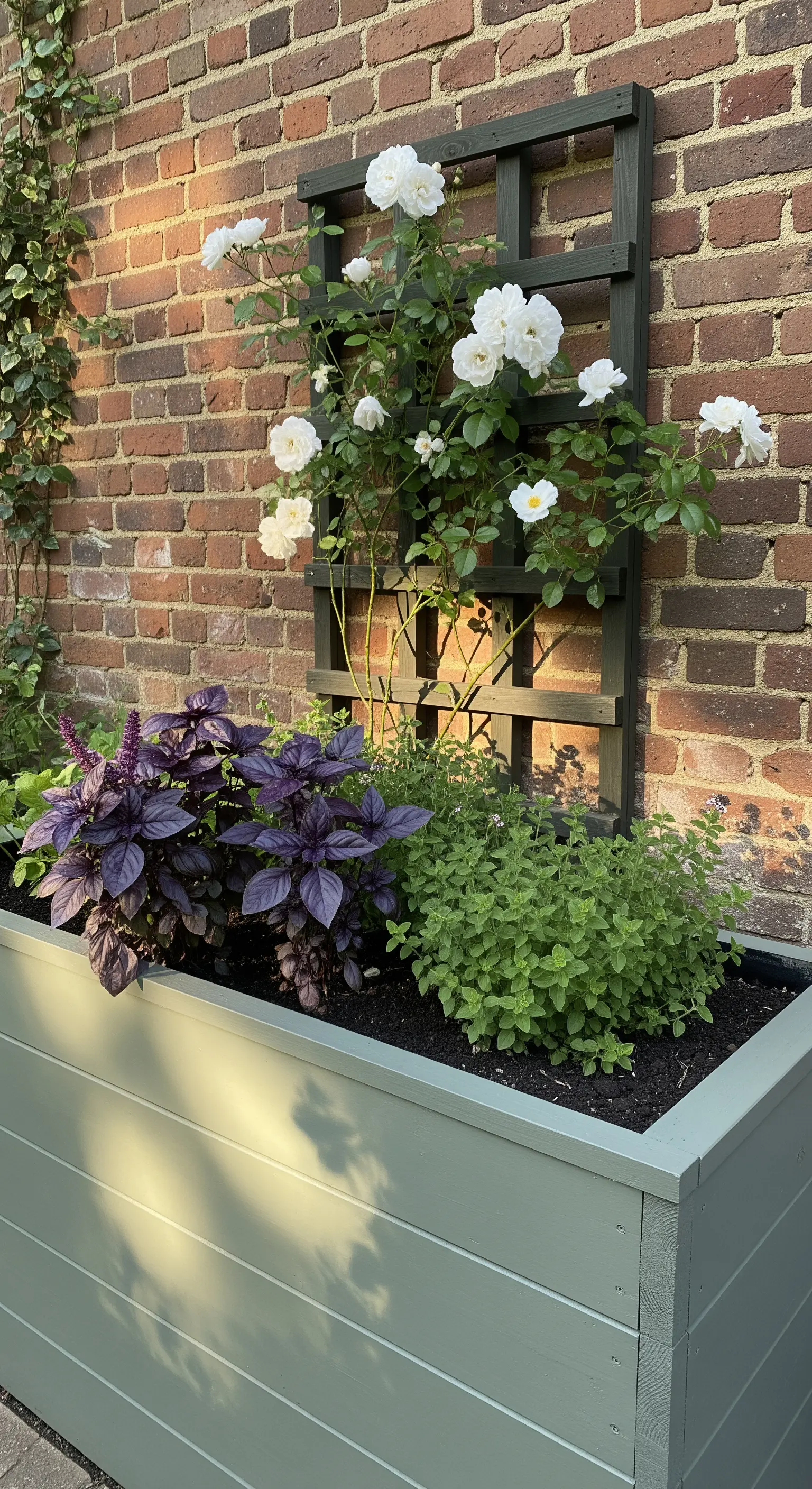 Salbeigrünes Holzhochbeet, weiße Kletterrose, lila Basilikum und Oregano.