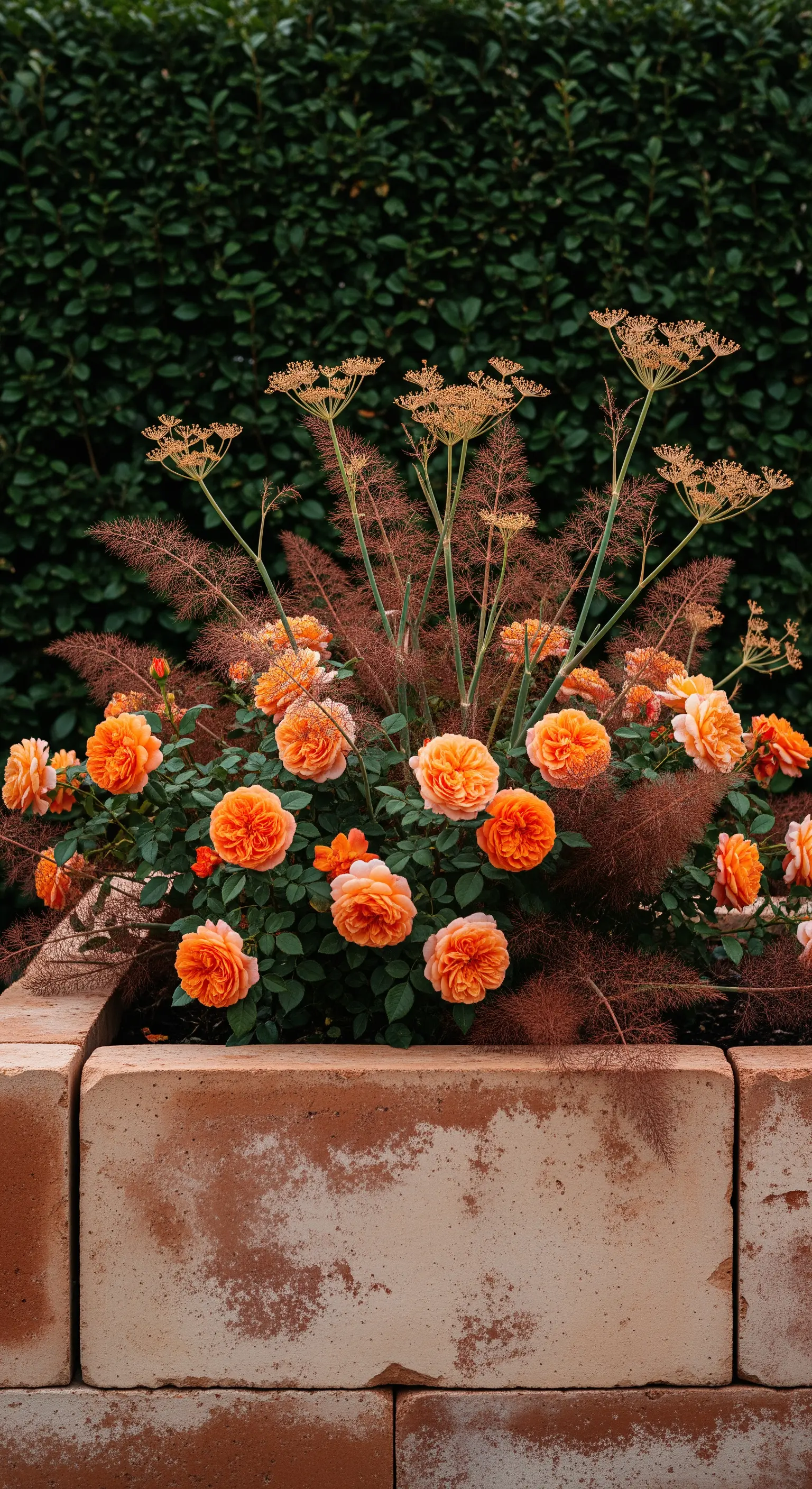 Terrakotta-Hochbeet, Orangerosen, bronzefarbener Fenchel.