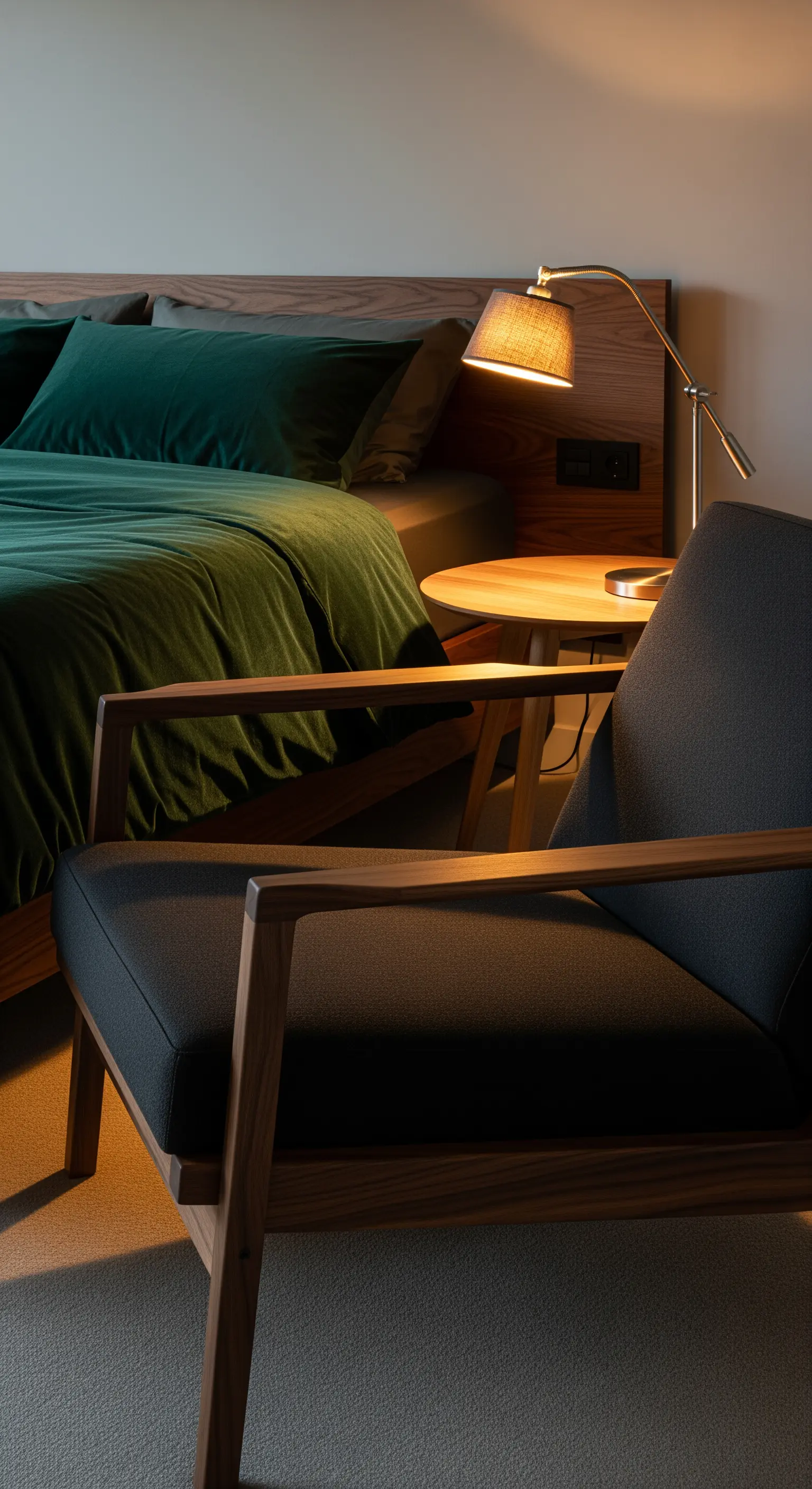 Holzkopfteil, dunkelgrüne Bettwäsche, Messingleuchte