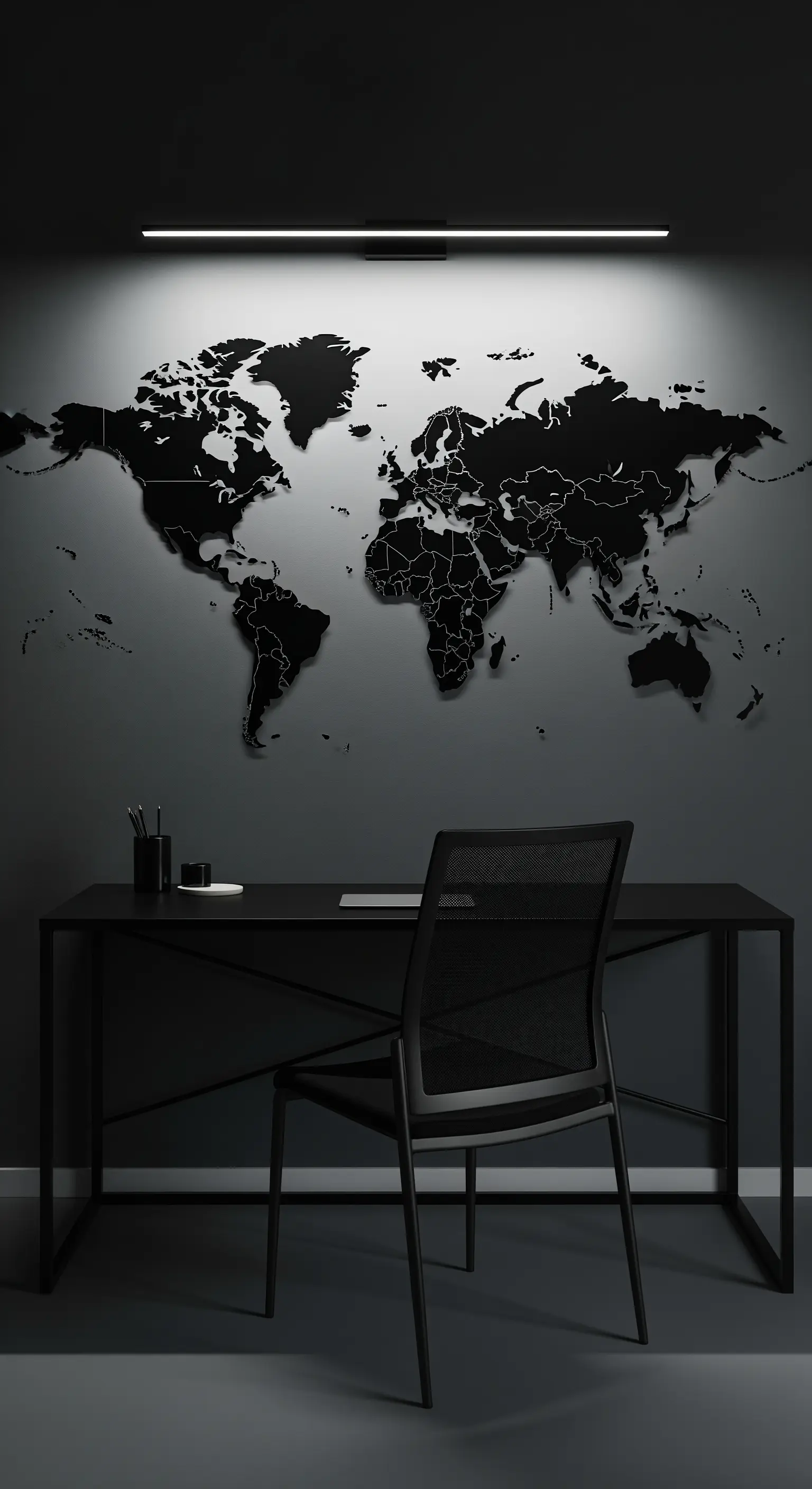 Homeoffice mit schwarzer Weltkarte, minimalistischem Schreibtisch und LED-Beleuchtung