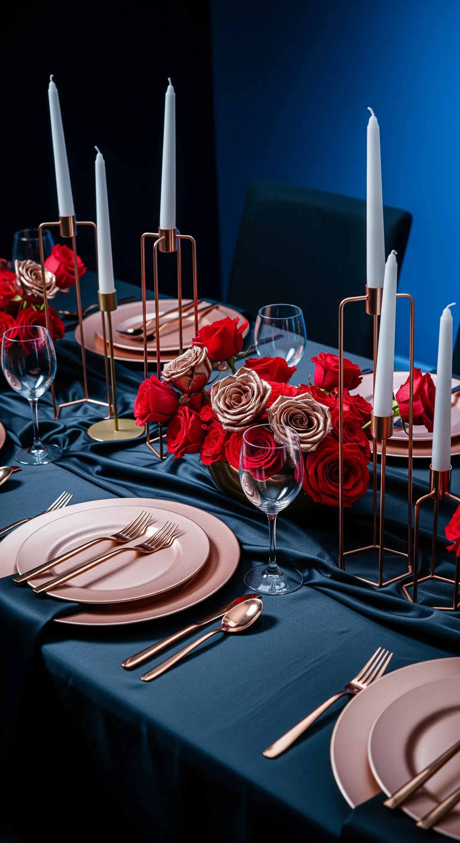 Moderne Tischdekoration in Blau mit kupferfarbenen Akzenten, roten Rosen und Stabkerzen