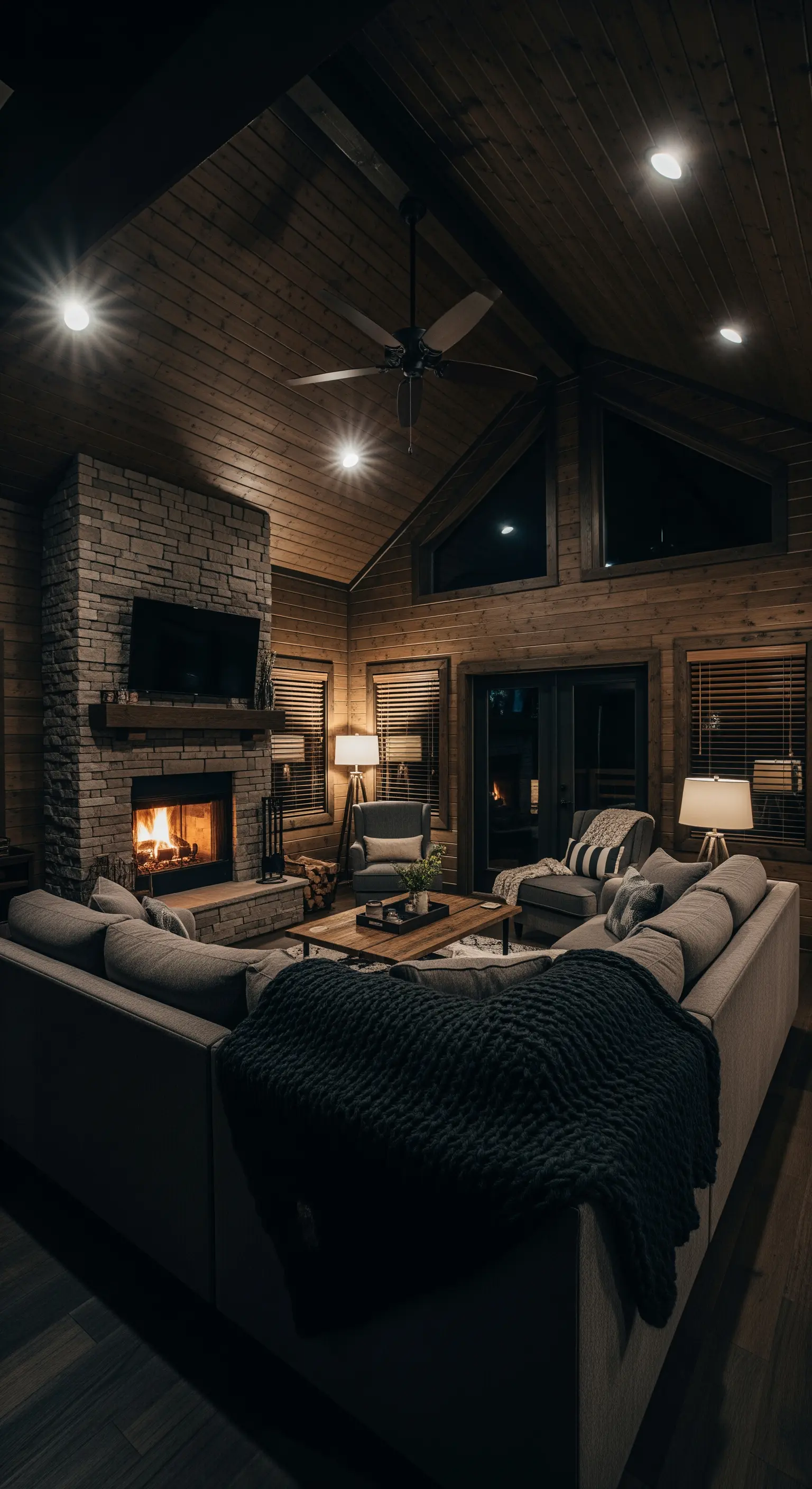 Gemütliches Wohnzimmer in einer Holzhütte mit Steinkamin und einem großen Sofa mit Decken.