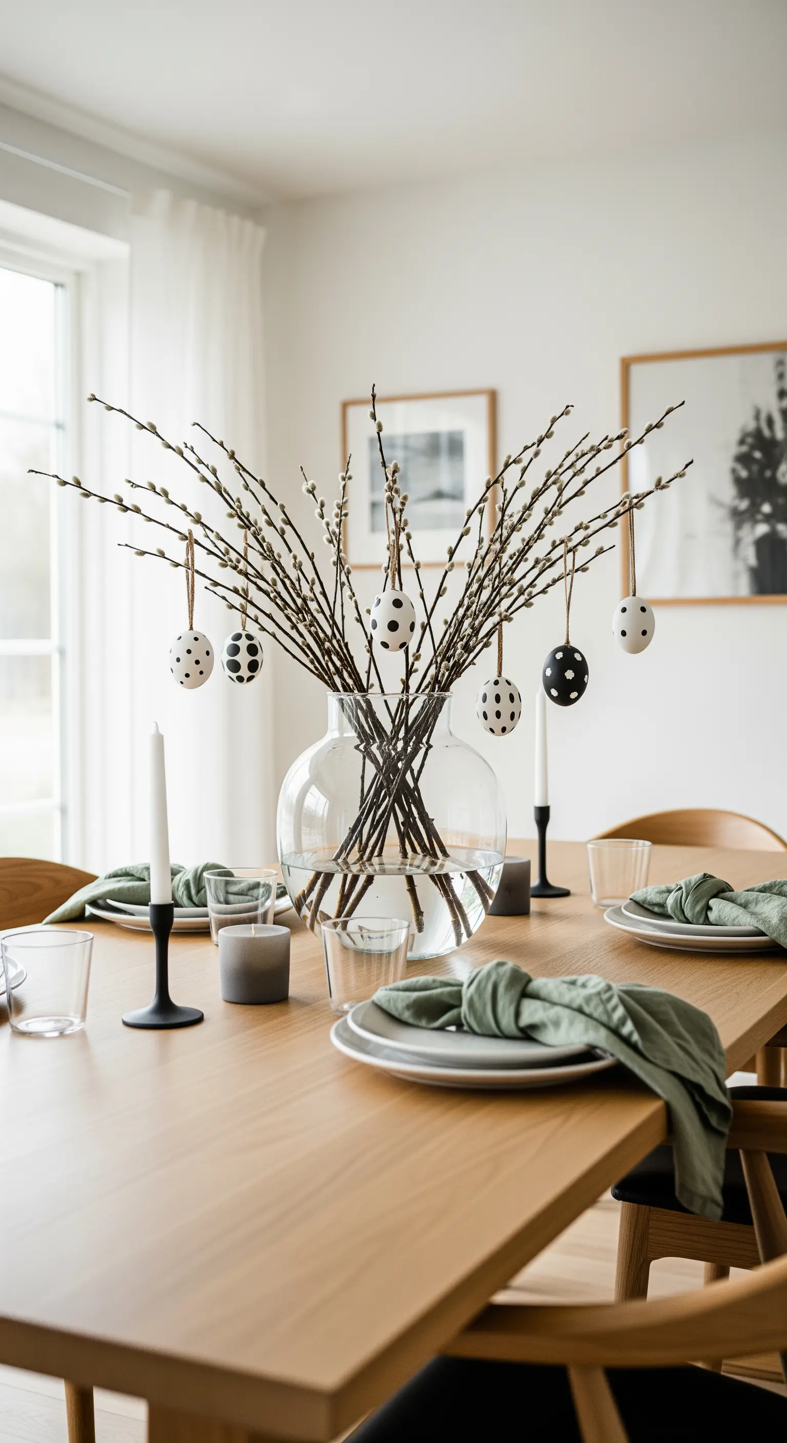 Weidenkätzchen-Arrangement mit minimalistischen Eiern und skandinavischer Tischdeko