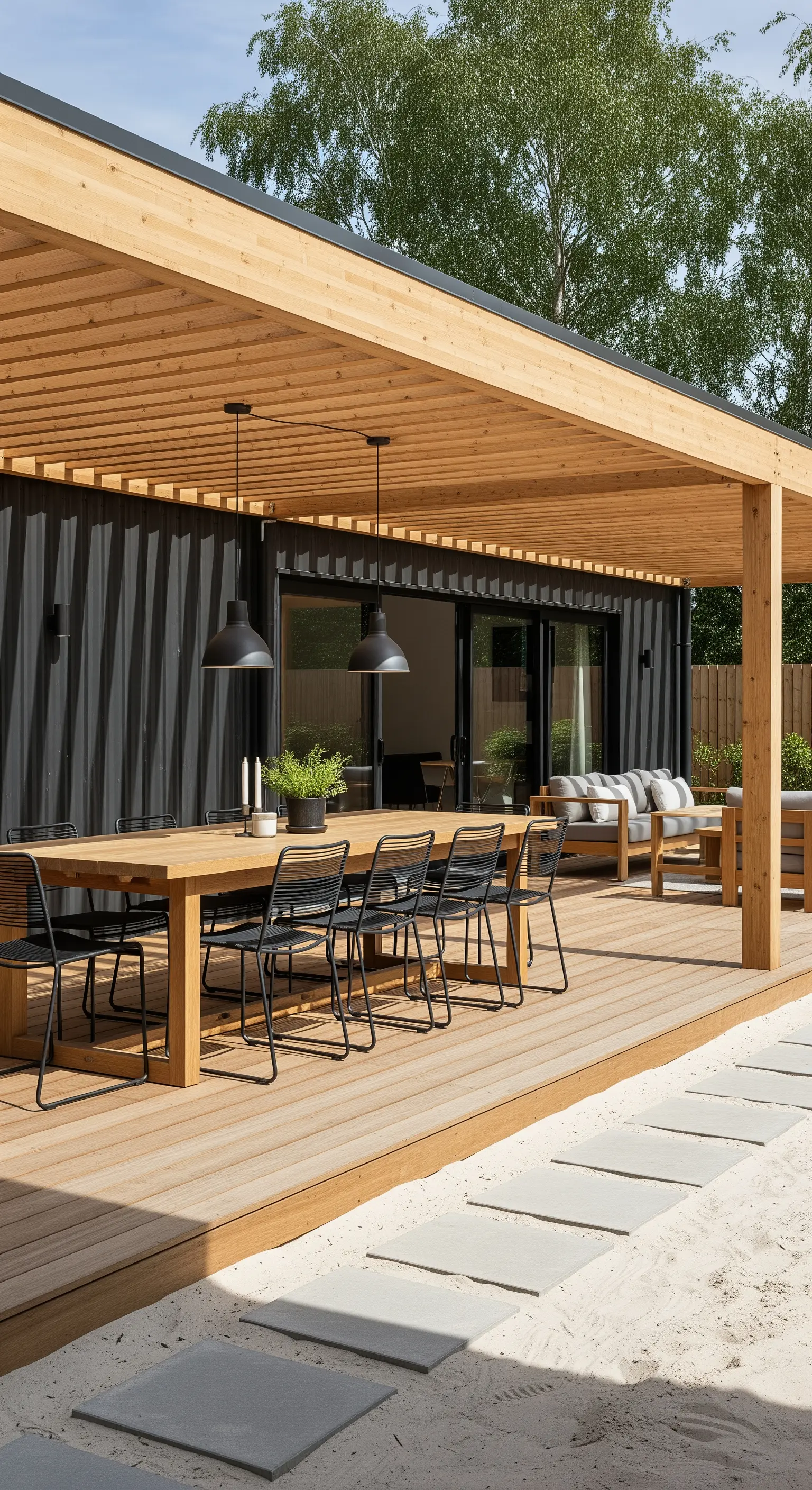 Moderne Outdoor-Küche mit Holzlattendecke und Essbereich