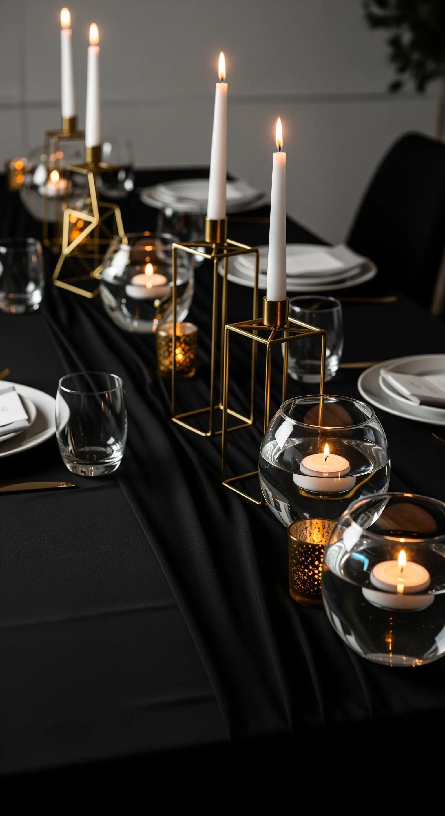 Moderner Neujahrstisch in Schwarz-Gold mit geometrischen Kerzenständern und schwebenden Teelichtern.