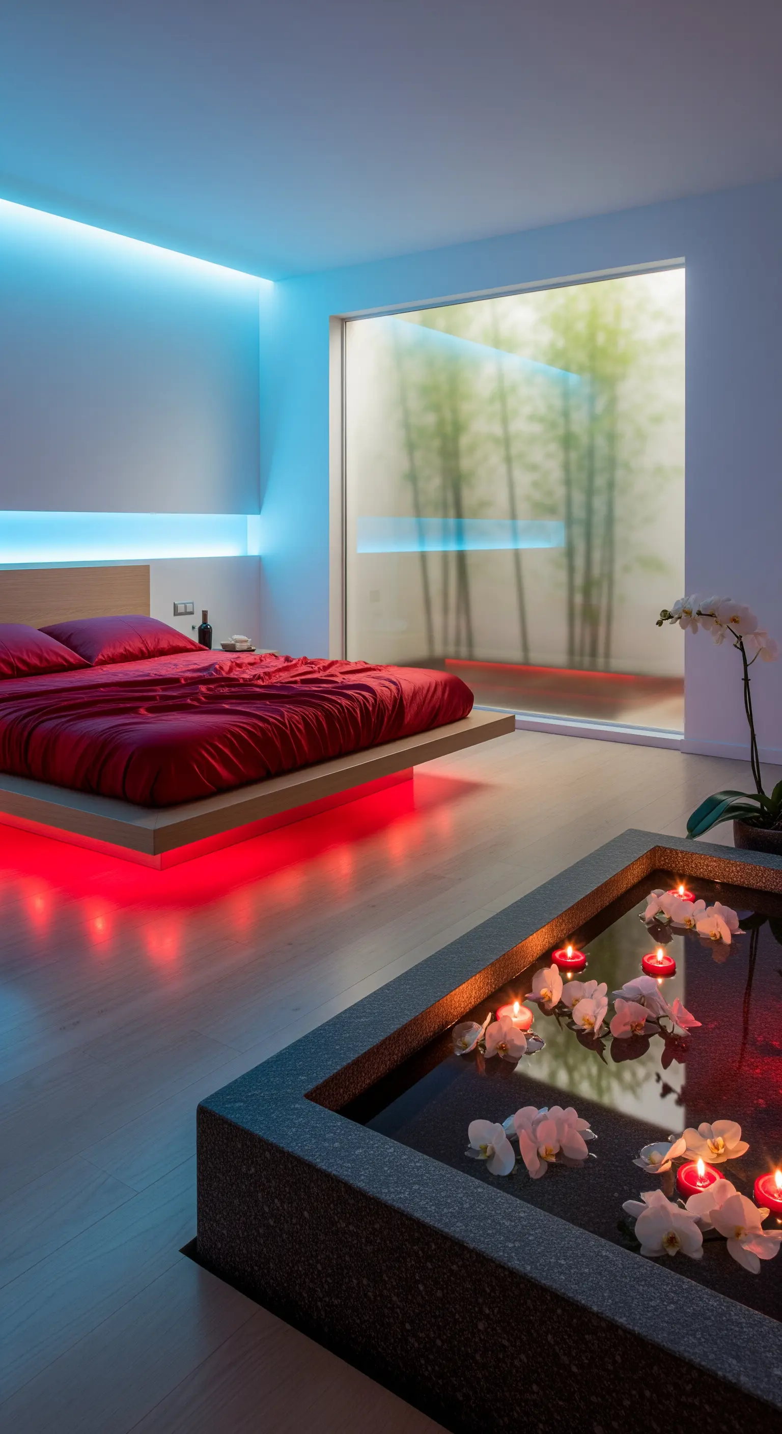 Modernes Schlafzimmer mit schwebendem Bett, roter Unterbettbeleuchtung und Wasserbecken