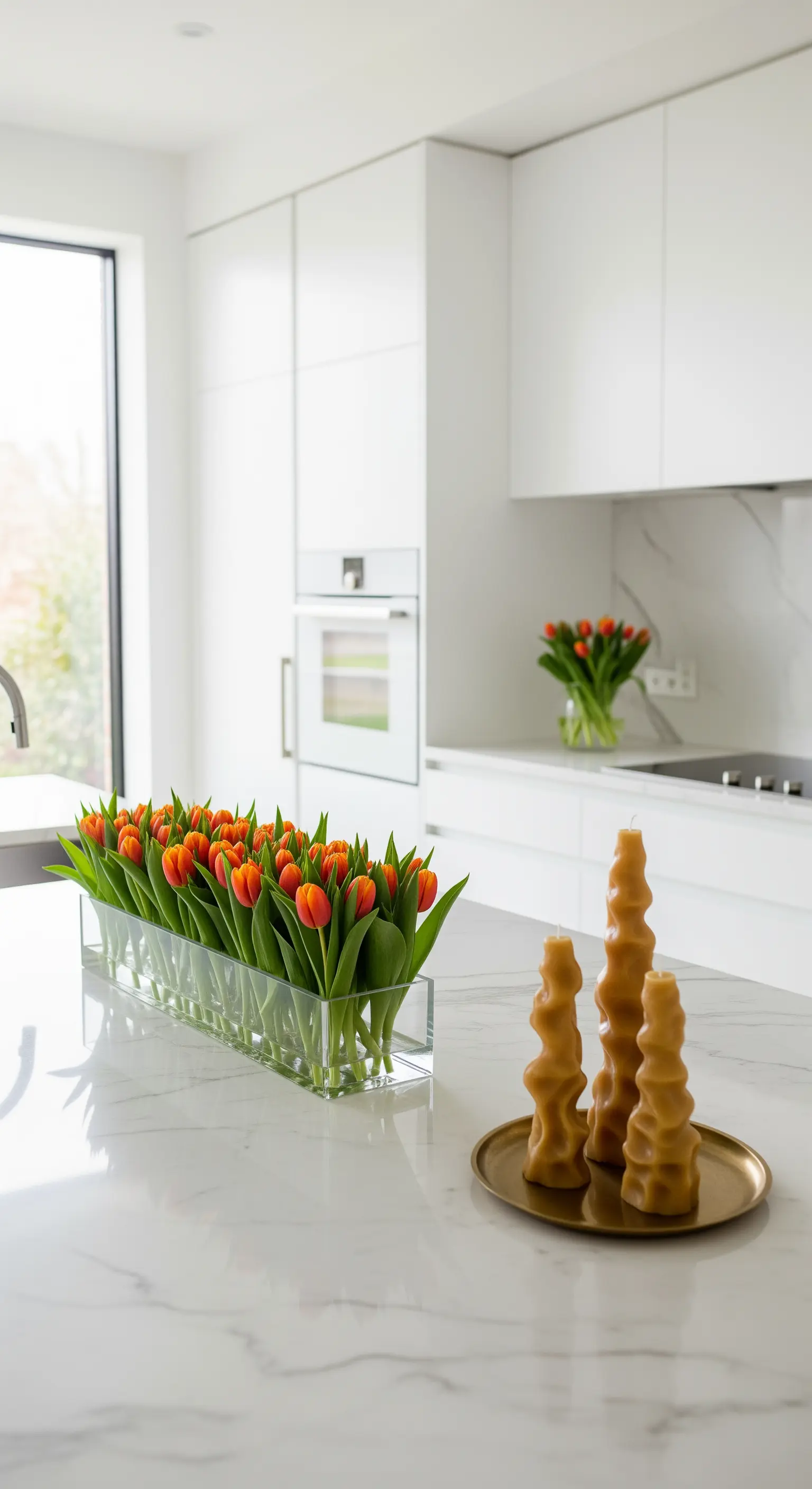 Orange Tulpen in langer Glasvase, skulpturale Bienenwachskerzen auf goldener Platte