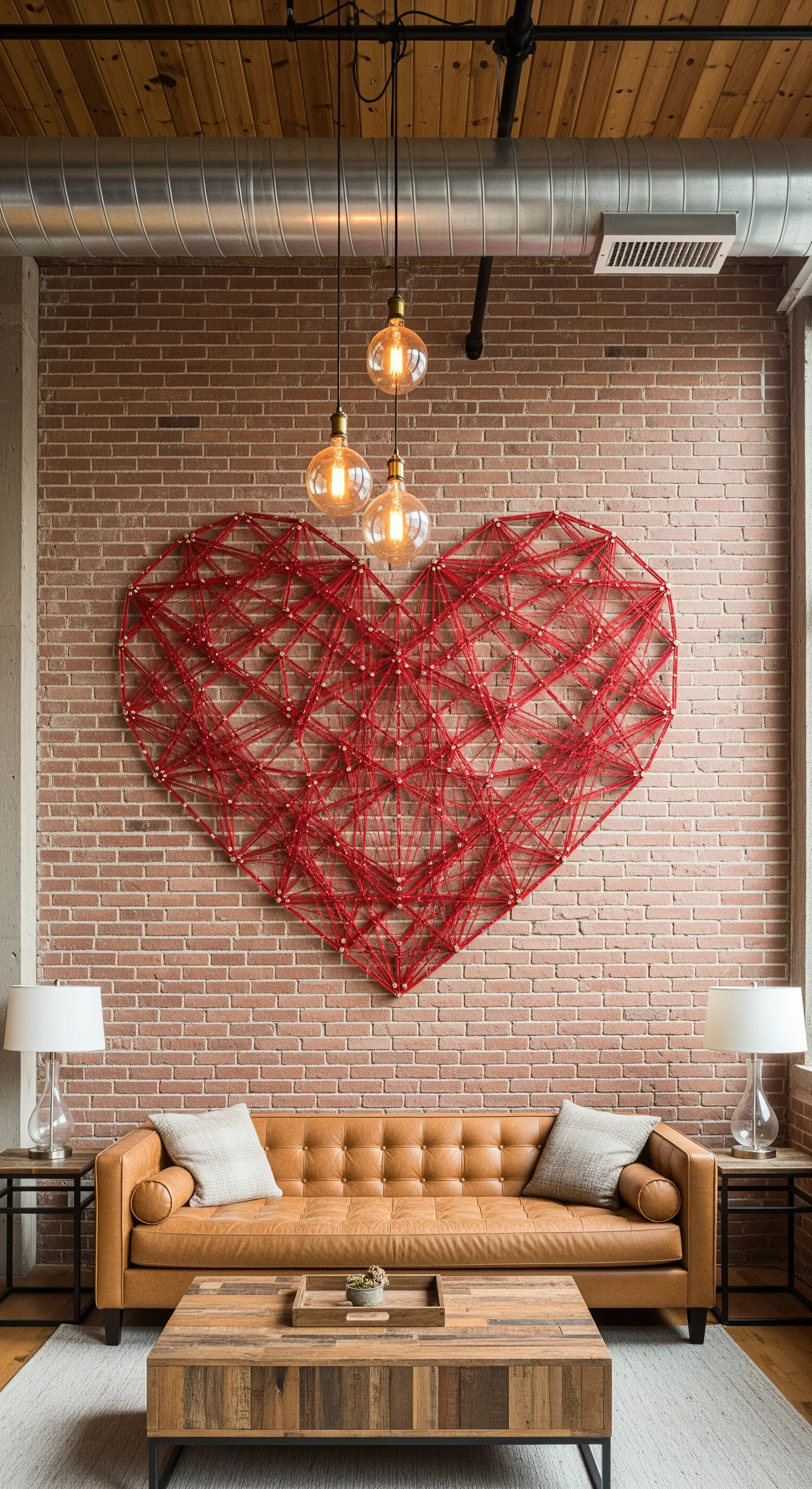 Großes String-Art-Herz, Ziegelwand, industrieller Stil