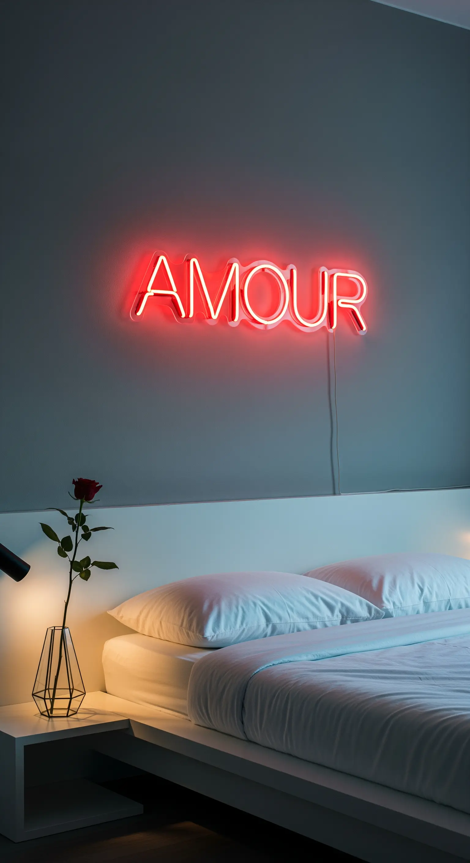 Modernes Schlafzimmer mit Neon 'AMOUR'-Schild und minimalistischer Rose