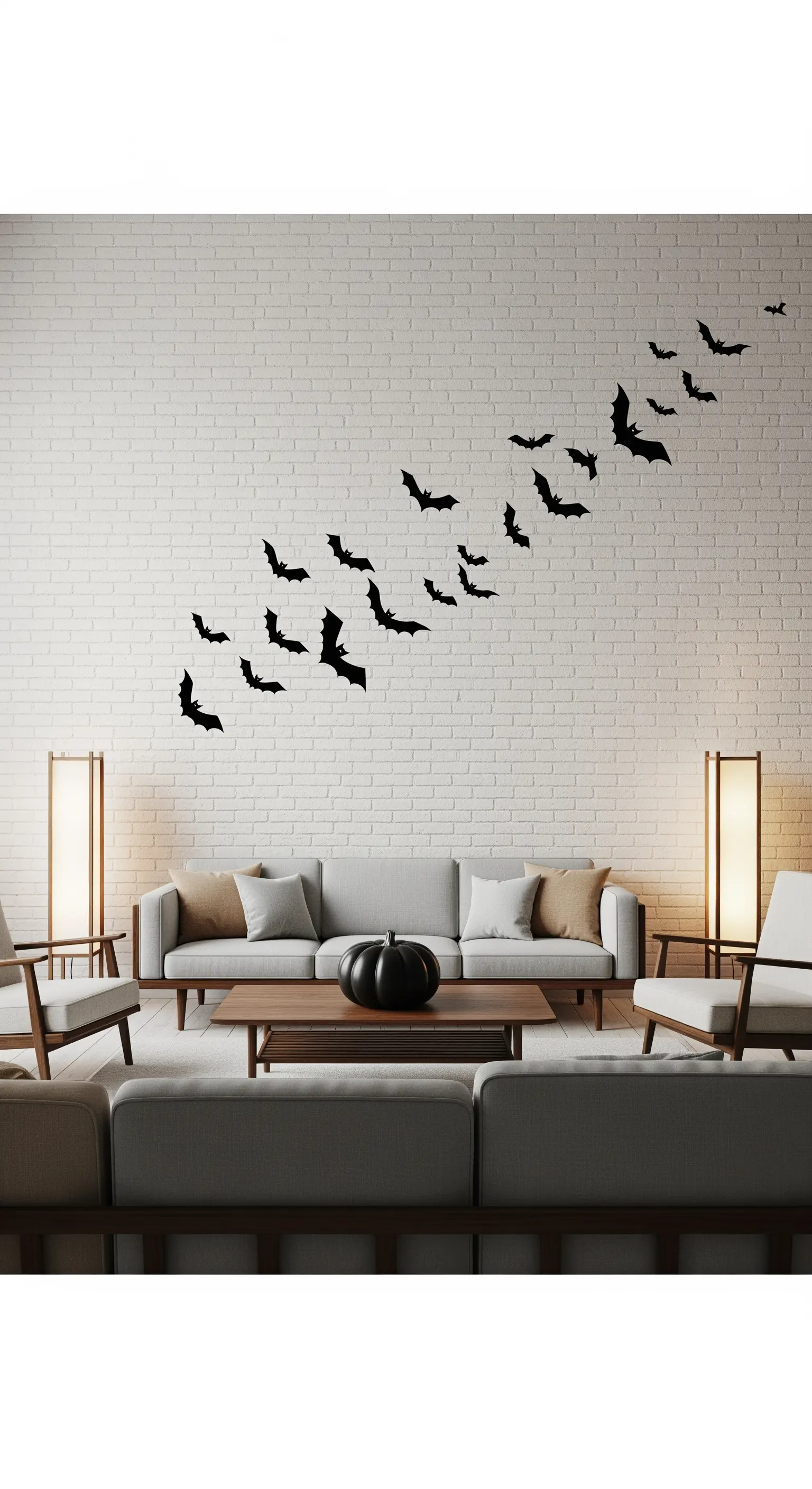 Wohnzimmer mit Fledermaus-Wanddekoration über einem Sofa und Stehleuchten.