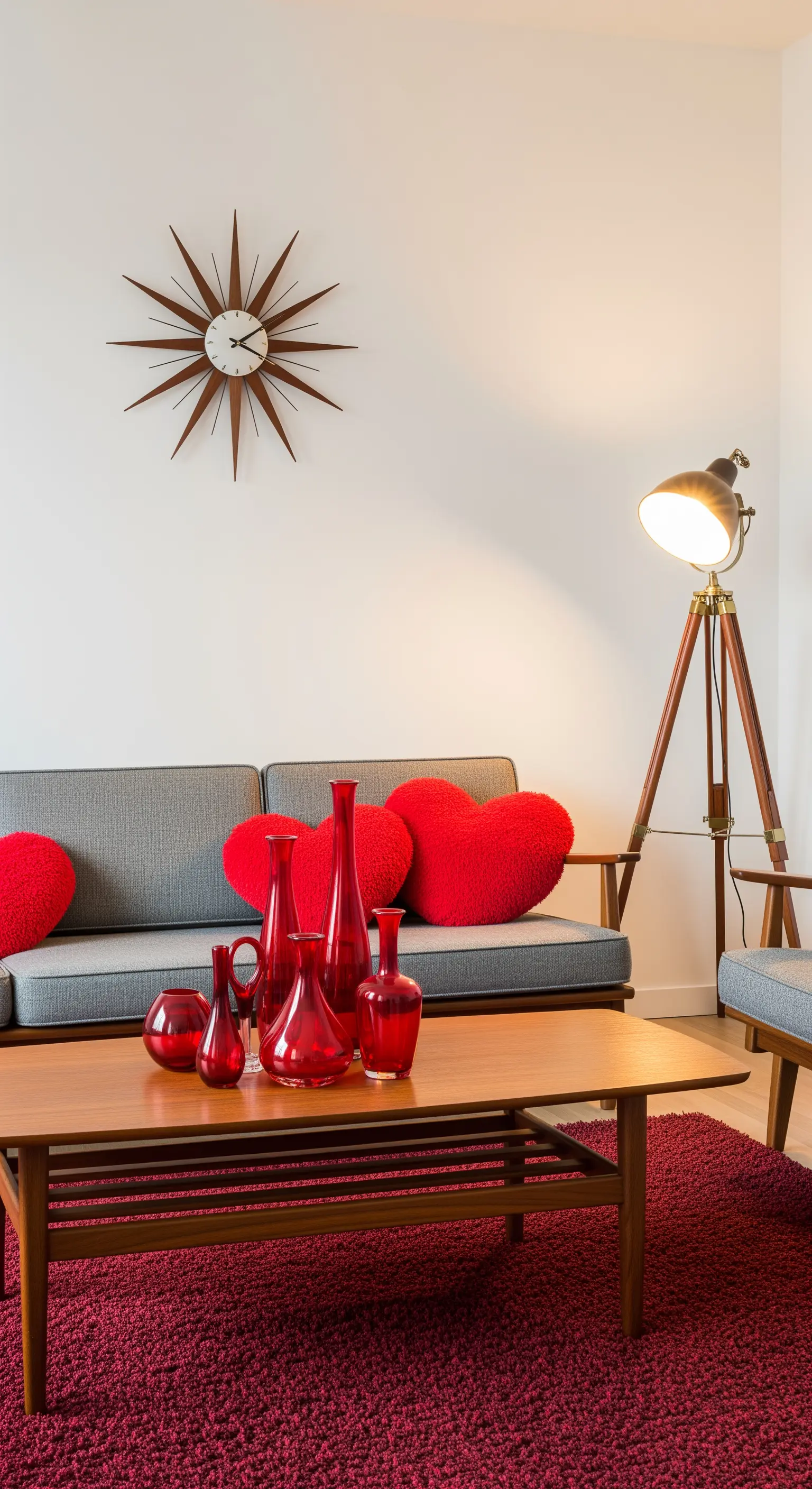 Mid-Century Wohnzimmer, rote Herz-Kissen, rote Glasvasen, roter Teppich, Stativlampe