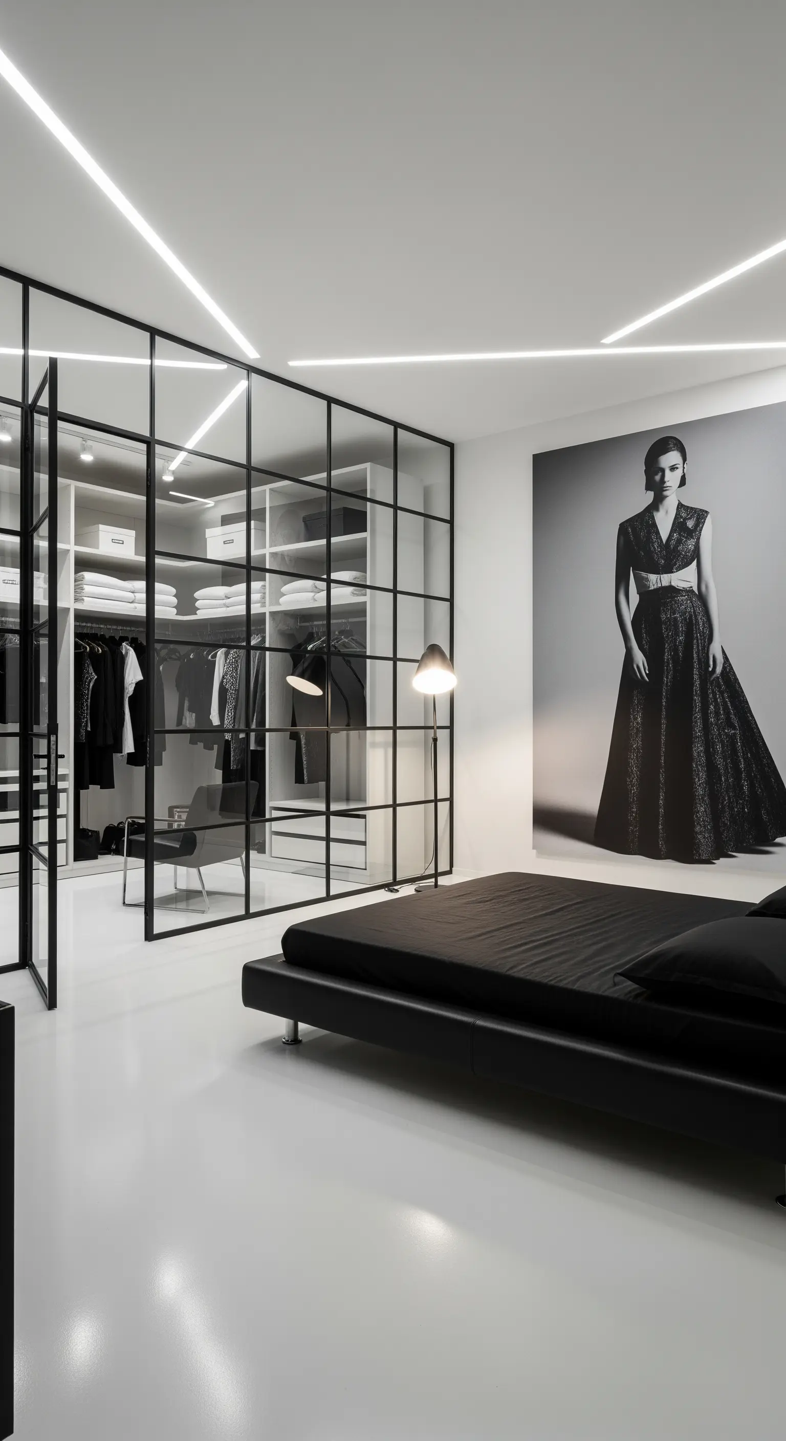 Modernes, schwarz-weißes Schlafzimmer mit Glas-Kleiderschrank und Modefotografie.