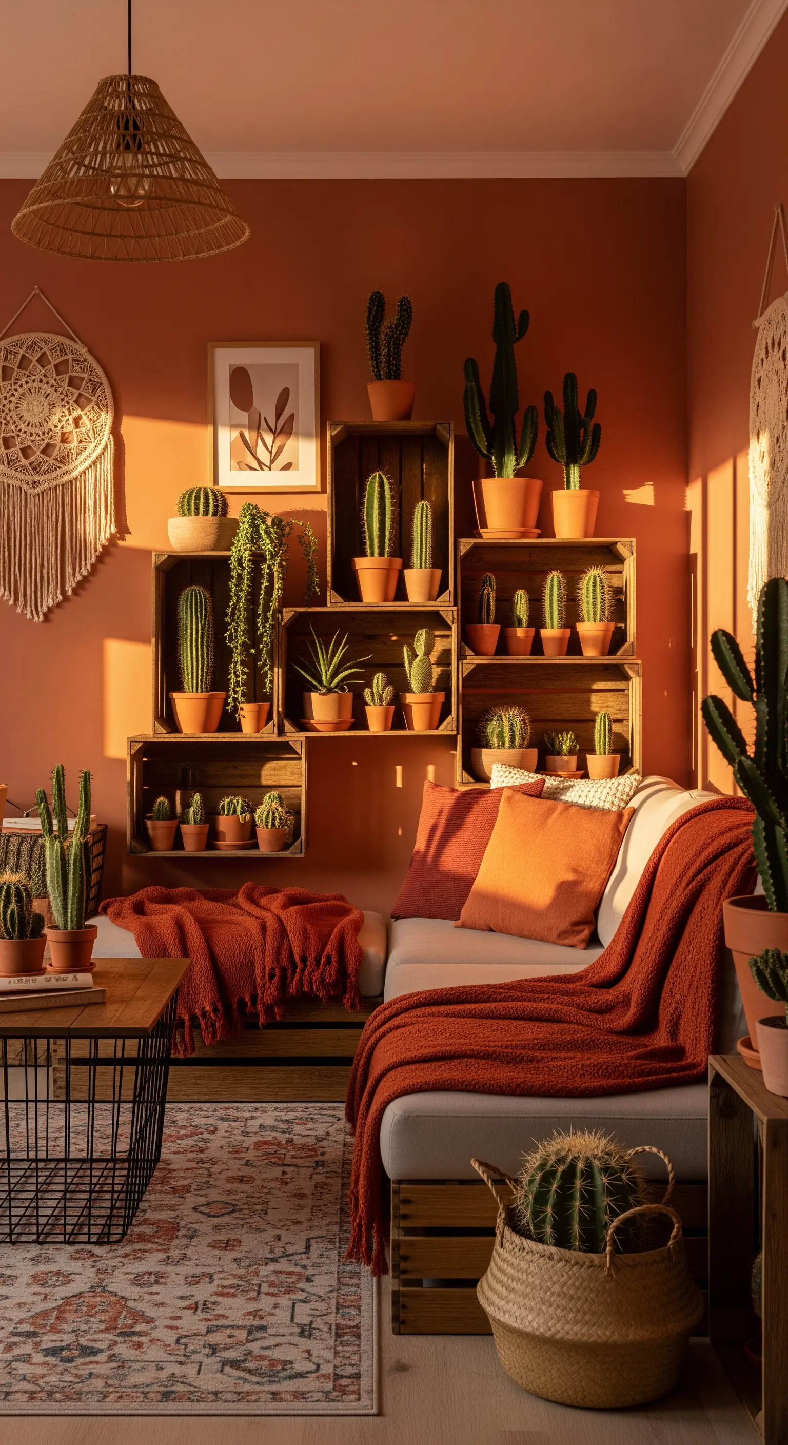 Gestapelte Holzkisten dienen als Regal für eine Sammlung von Kakteen vor einer terrakottafarbenen Wand.