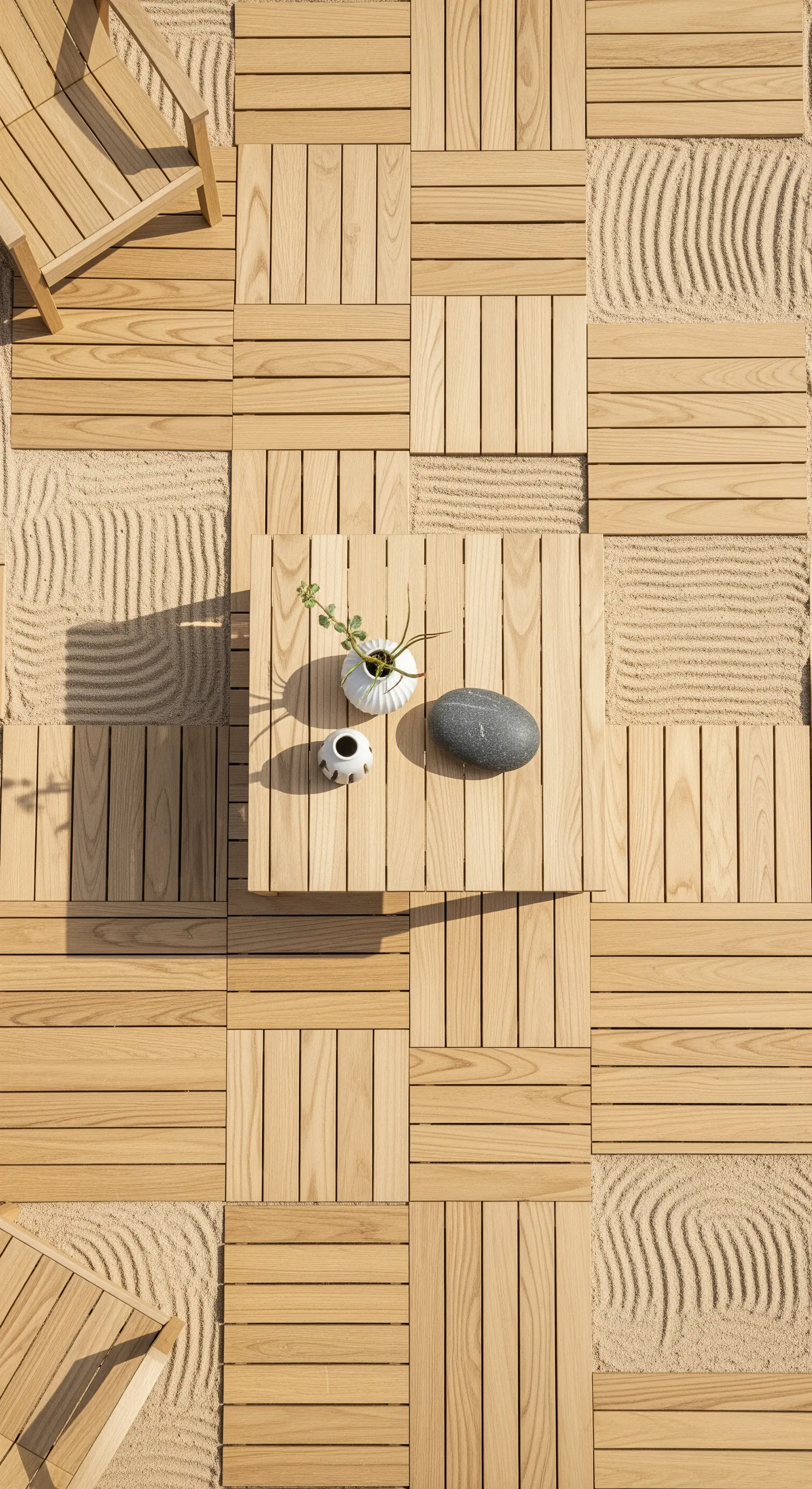 Modulares Japandi Deck aus Holzfliesen und Sandfeldern
