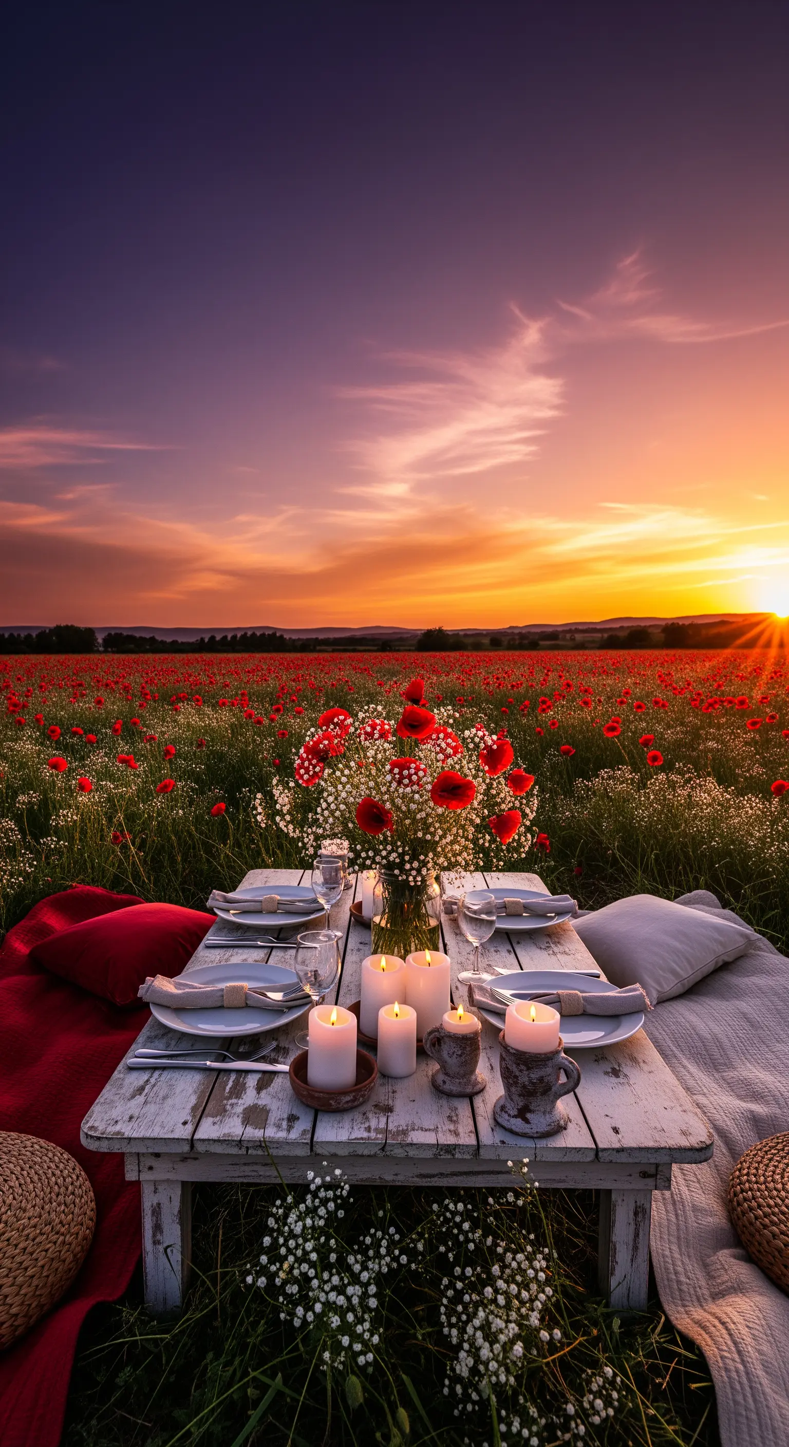 Rustikaler Tisch im Mohnfeld mit roten Blumen, Kerzen und Kissen bei Sonnenuntergang.