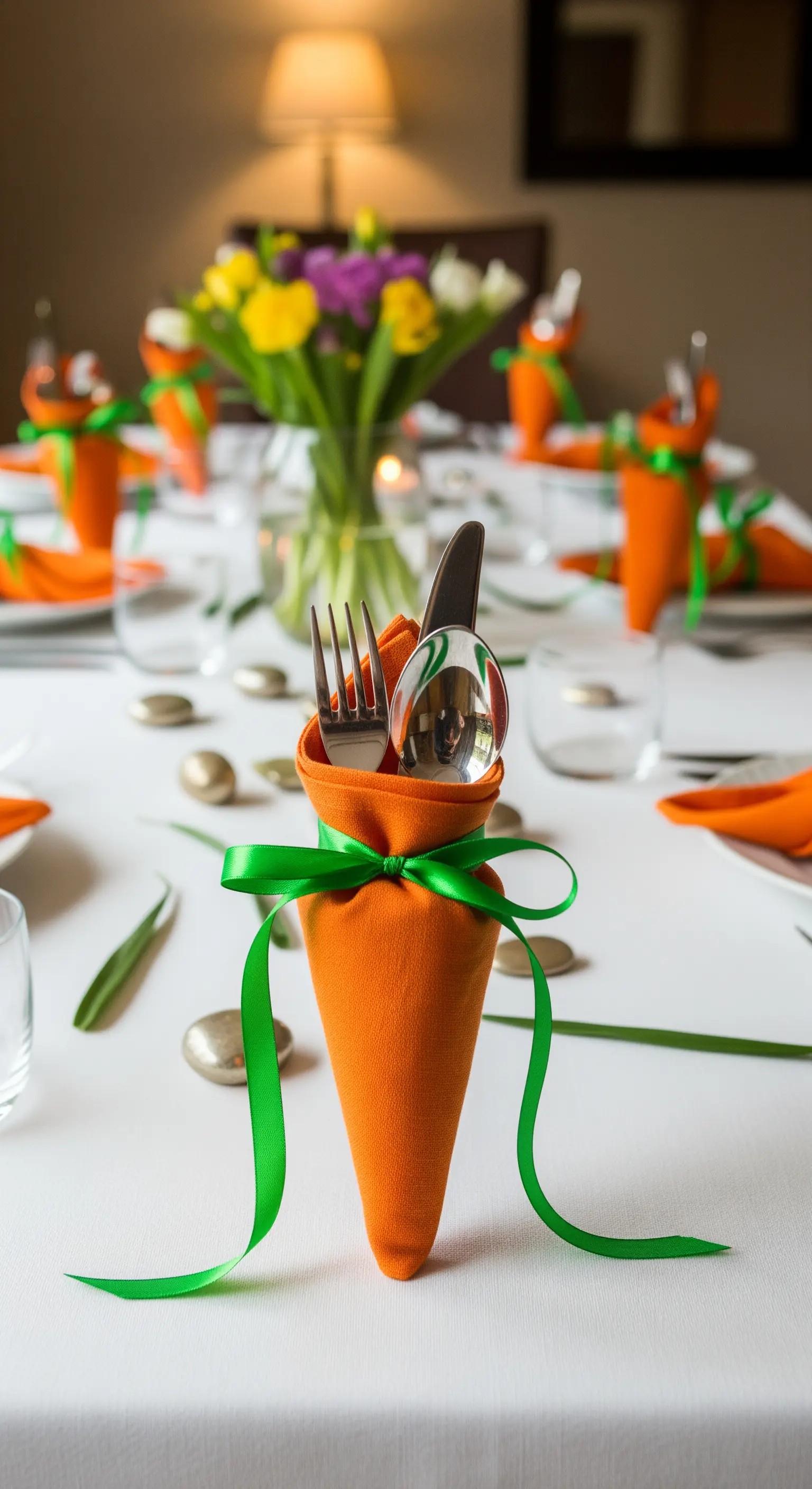 Besteck in orangefarbenen Möhren-Taschen mit grünem Band auf einem gedeckten Tisch