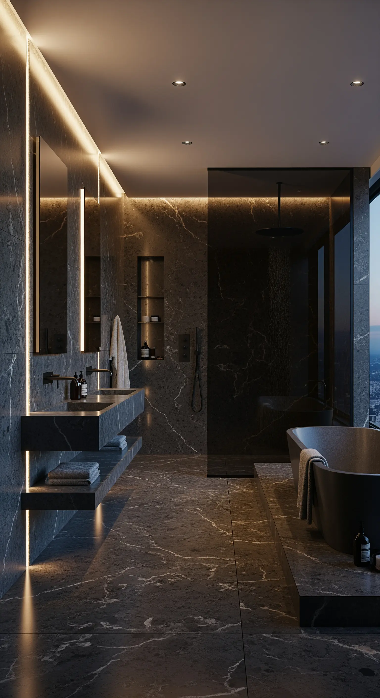 Dunkles Marmorbad, lineare LED-Beleuchtung, freistehende Badewanne