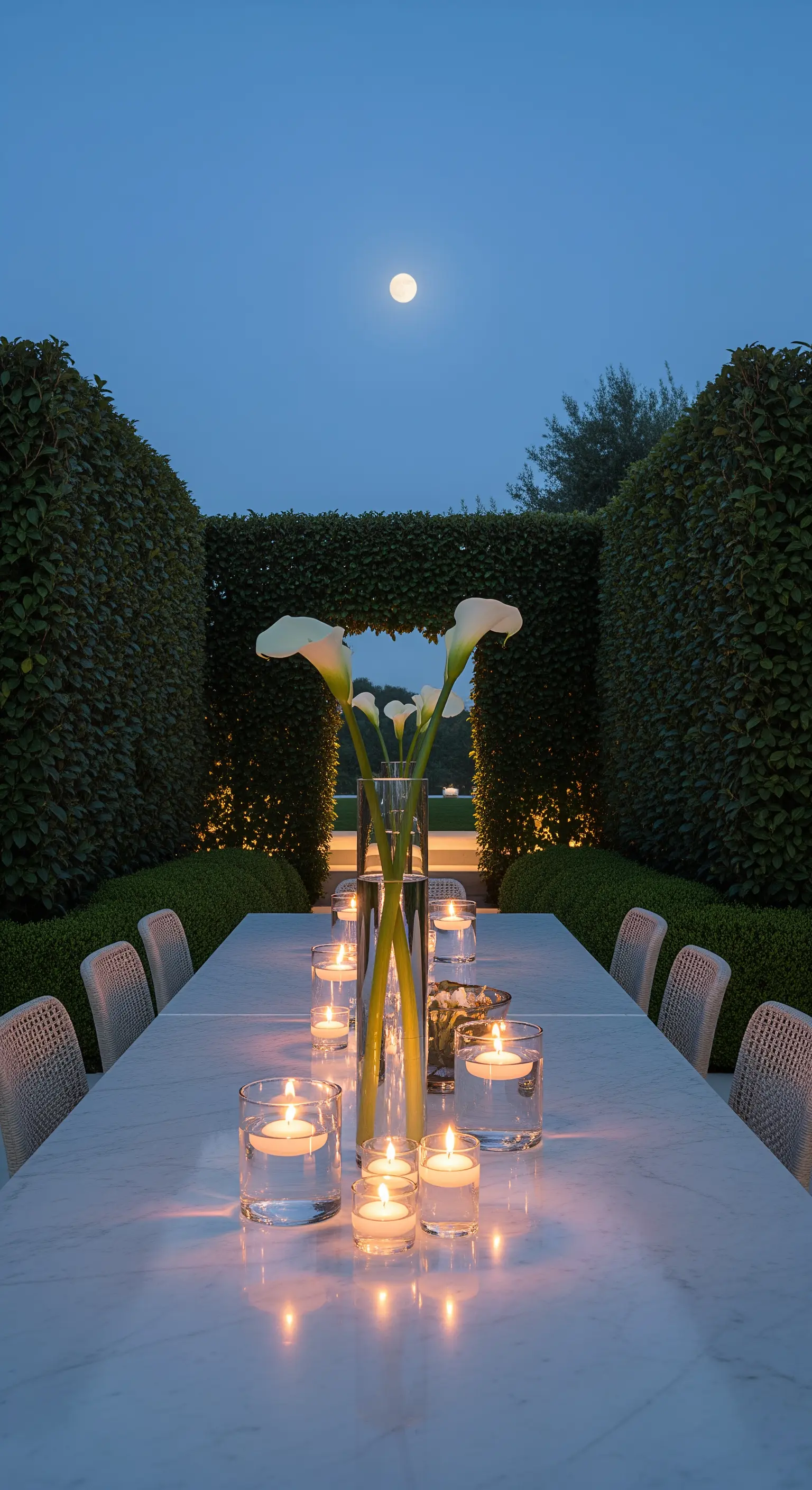 Langer Marmortisch mit Callas und schwimmenden Kerzen unter Vollmond.