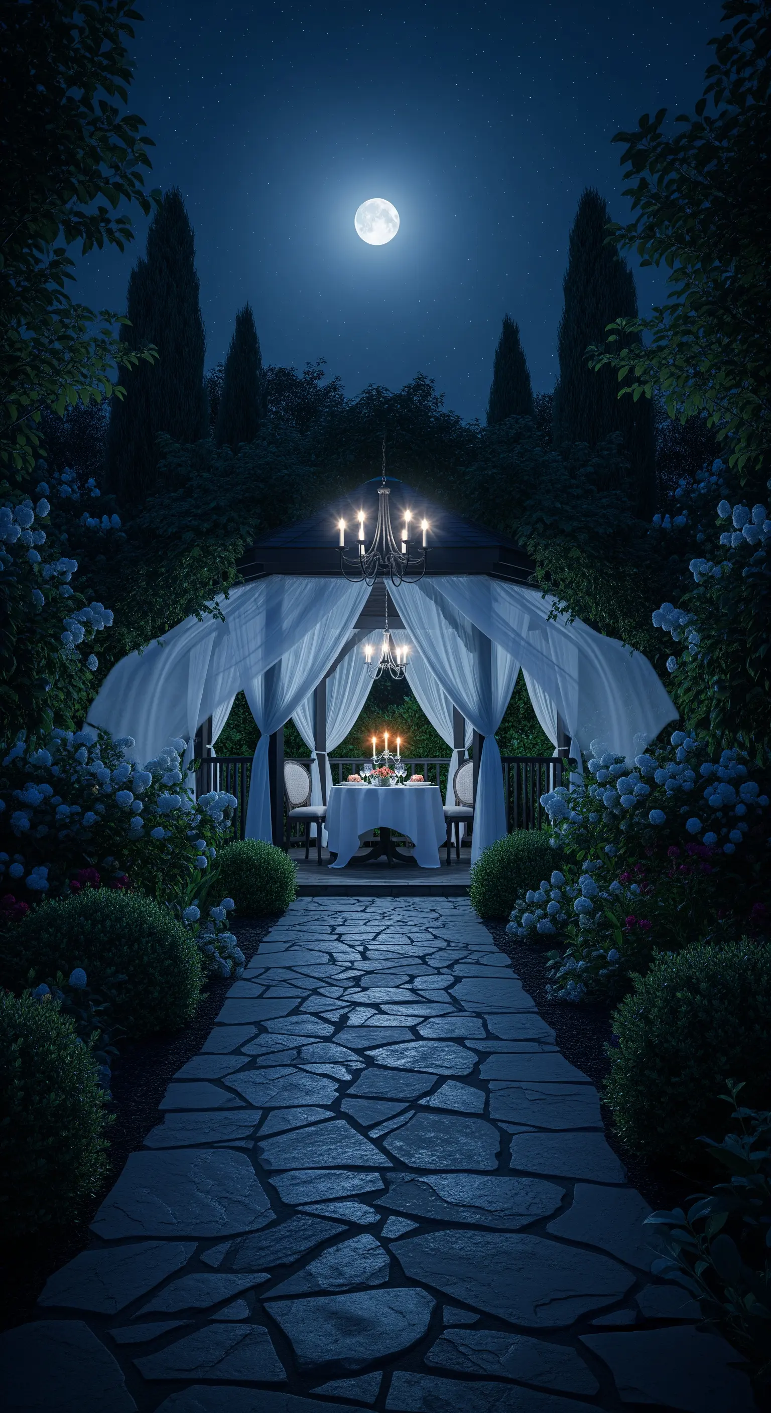 Romantischer Pavillon mit weißen Vorhängen, Kronleuchter und Kerzen bei Mondschein