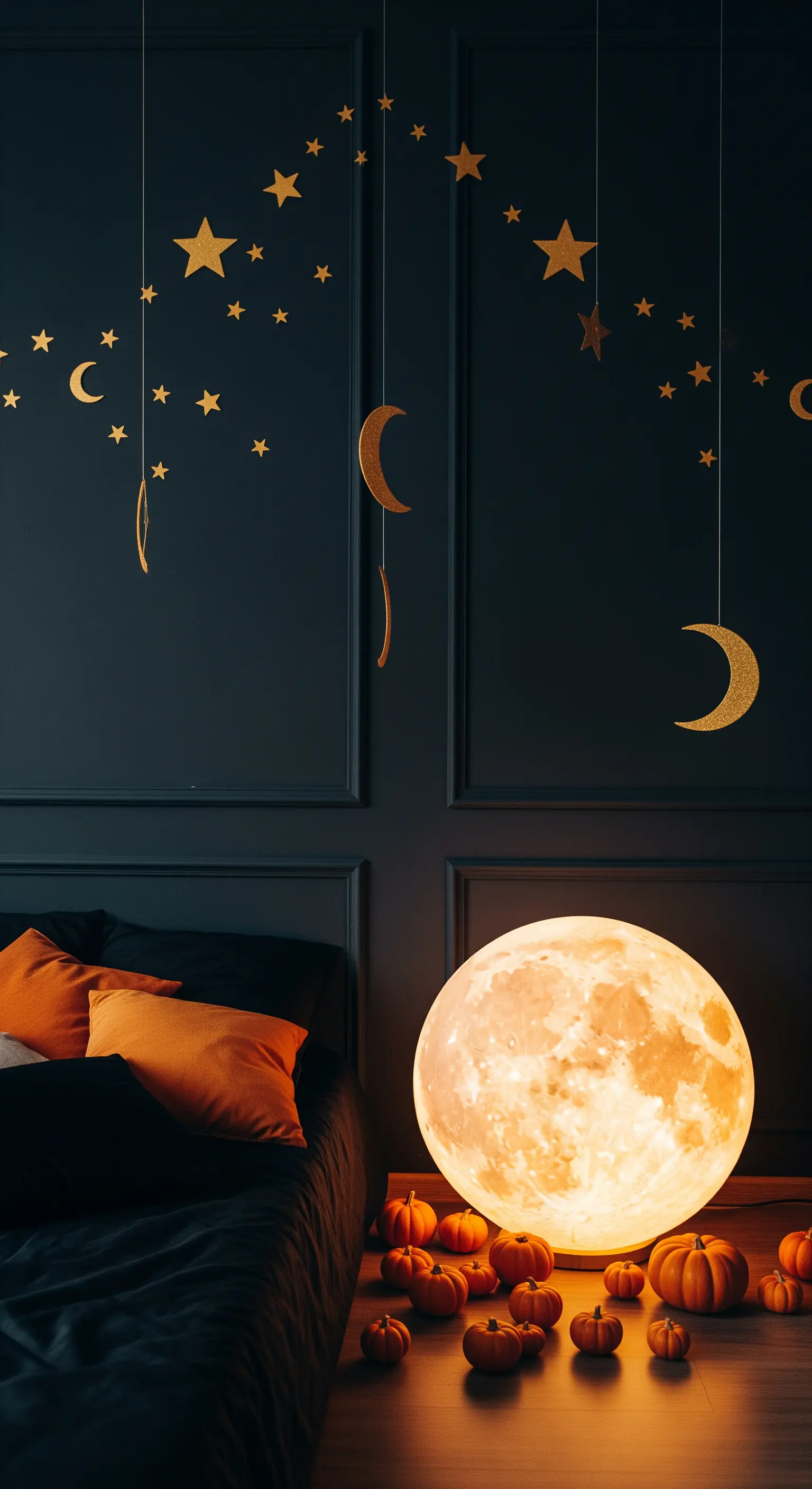 Dunkle Wand mit goldenen Sternen und Monden, leuchtende Mondlampe und Mini-Kürbisse