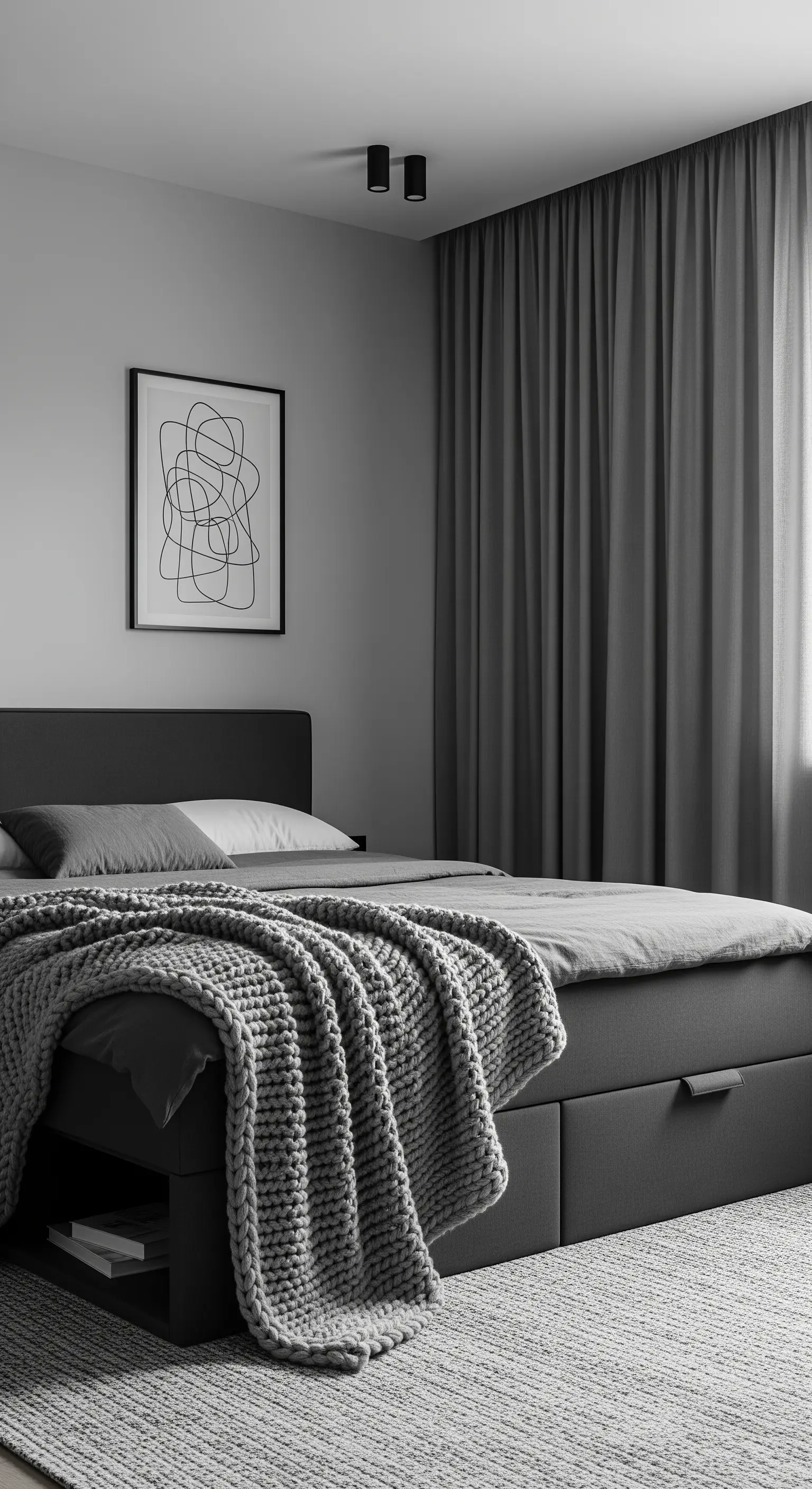 Monochromes Schlafzimmer in Grautönen mit verschiedenen Texturen bei Decke und Teppich.