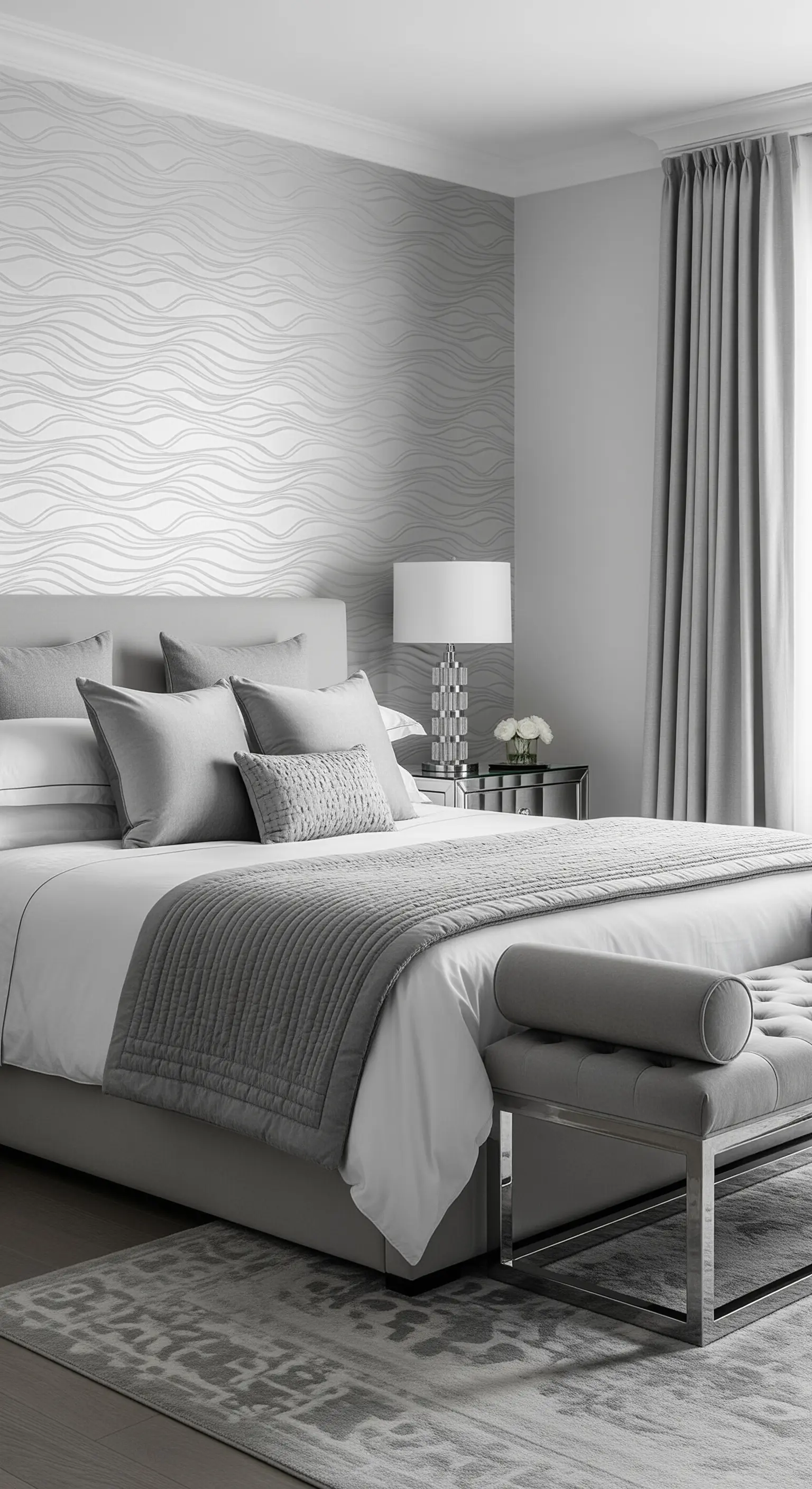 Elegantes, monochromes Schlafzimmer in Grautönen mit wellenförmiger Mustertapete.