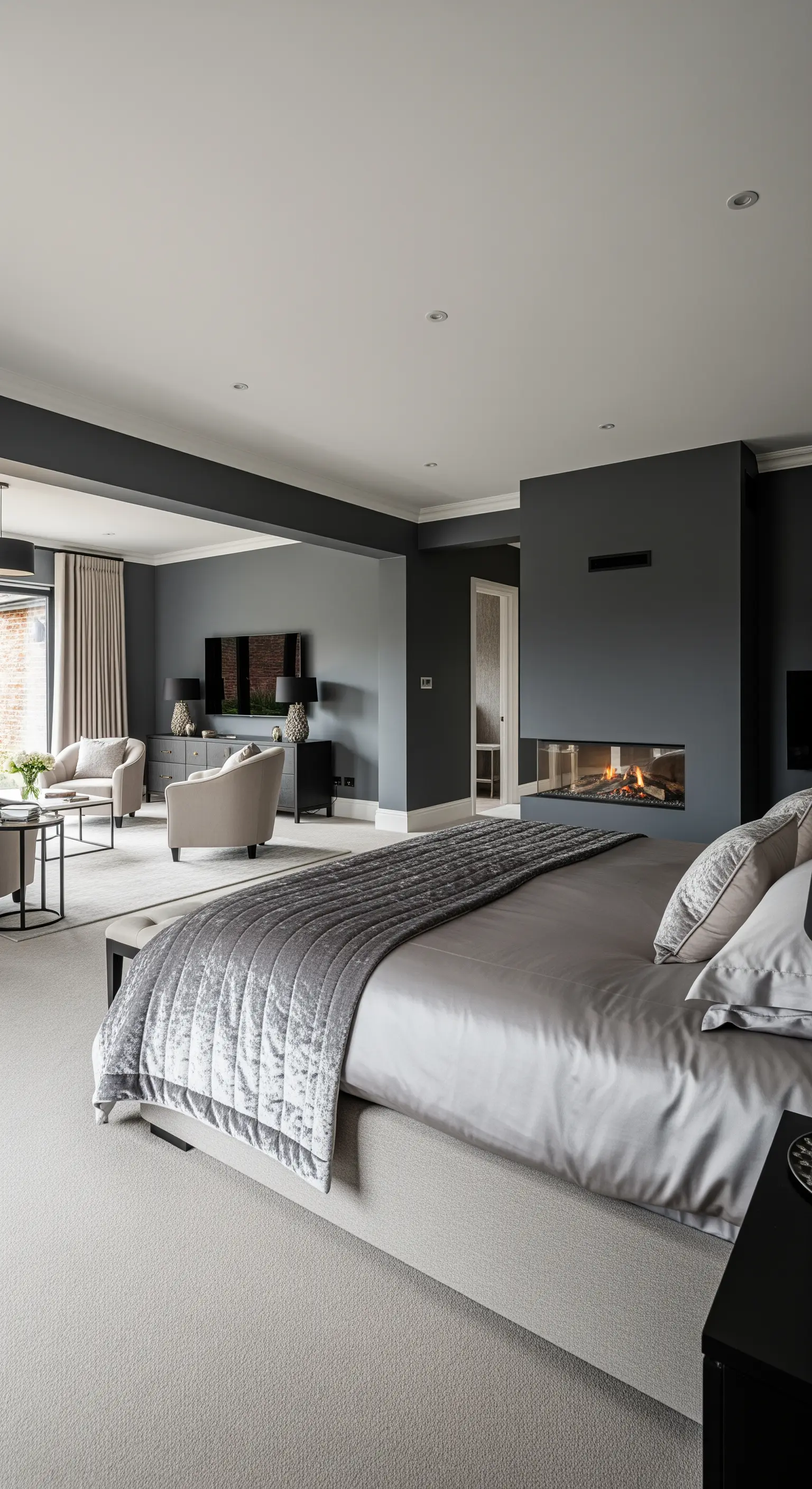 Moderne, graue Schlafzimmer-Suite mit integriertem Kamin und silbergrauer Seidenbettwäsche.