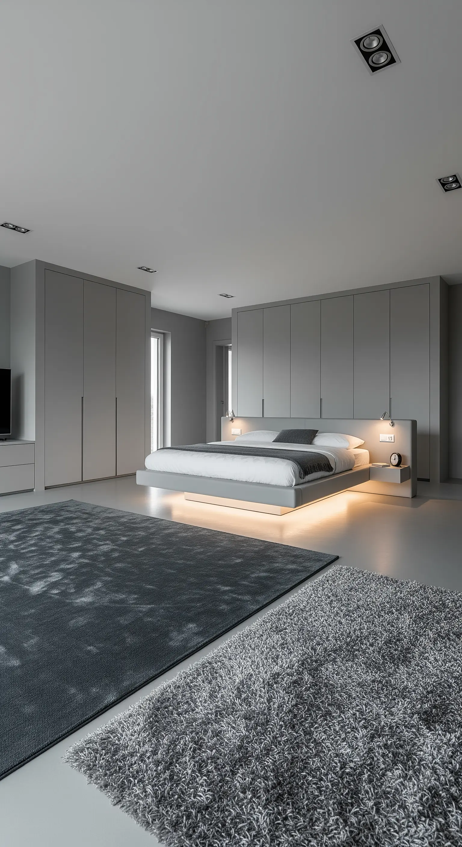 Minimalistisches graues Schlafzimmer mit zwei sich überlappenden hochflorigen grauen Teppichen