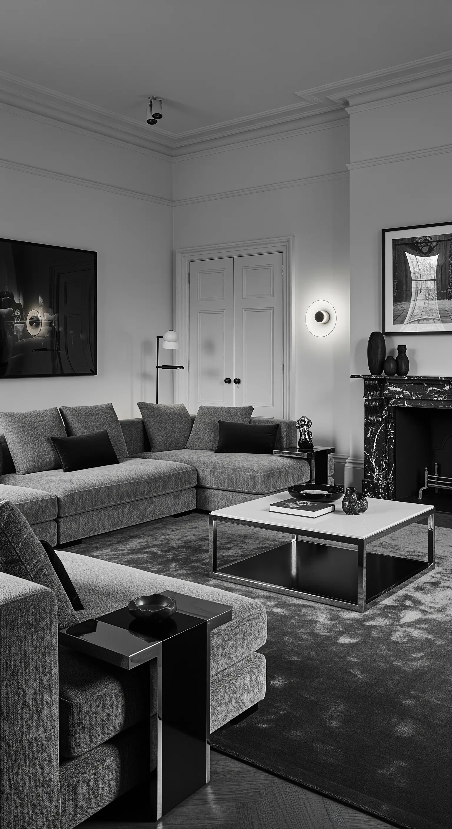 Graues Ecksofa in einem minimalistischen, schwarz-weißen Wohnzimmer mit modernem Design.