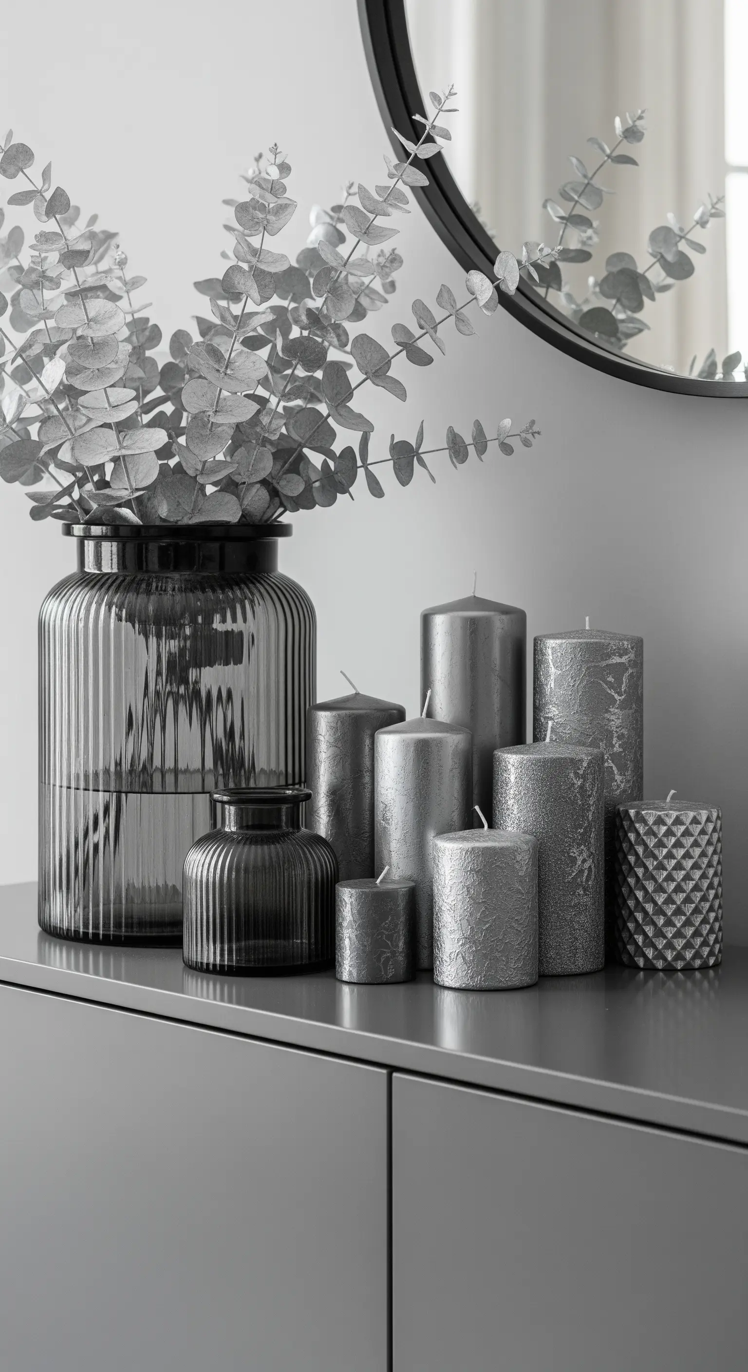 Monochrome Weihnachtsdeko in Silber und Grau mit strukturierten Kerzen.