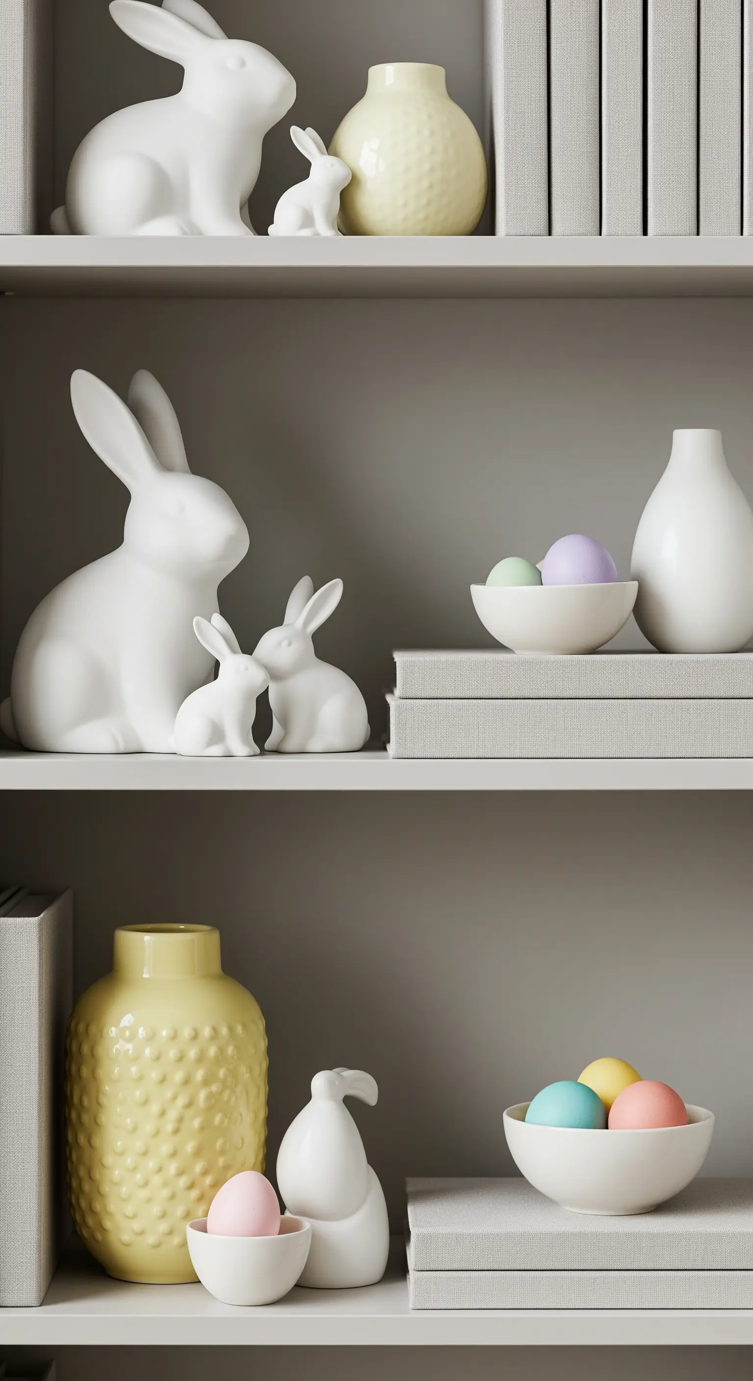 Regal mit weißen Keramikhasen in verschiedenen Größen und pastellfarbenen Akzenten.