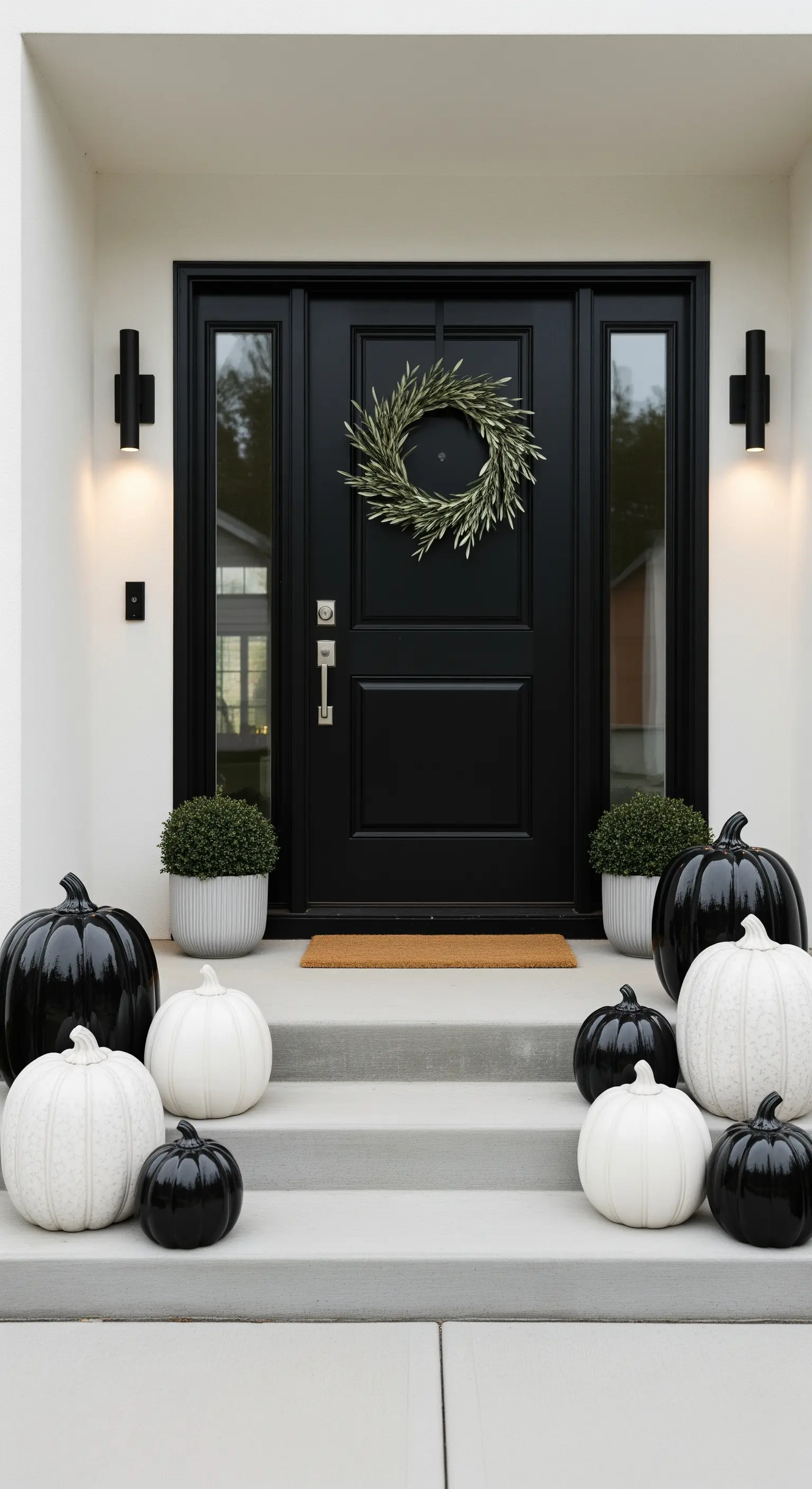 Haustür mit schwarzen und weißen Keramikkürbissen auf den Stufen, Olivenkranz.