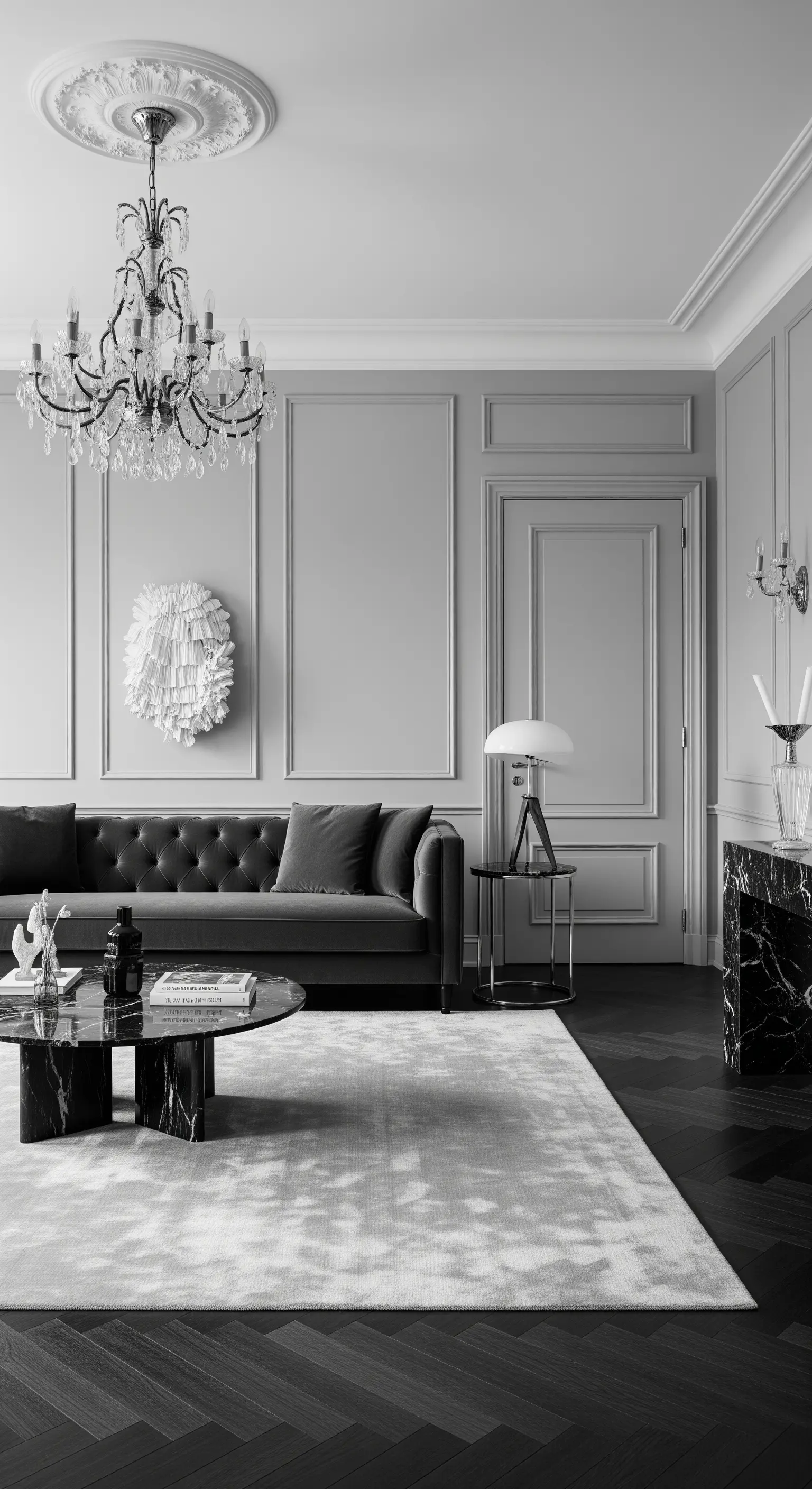 Monochromes Wohnzimmer in Grau und Schwarz mit Samtsofa, Marmortisch und Kronleuchter.