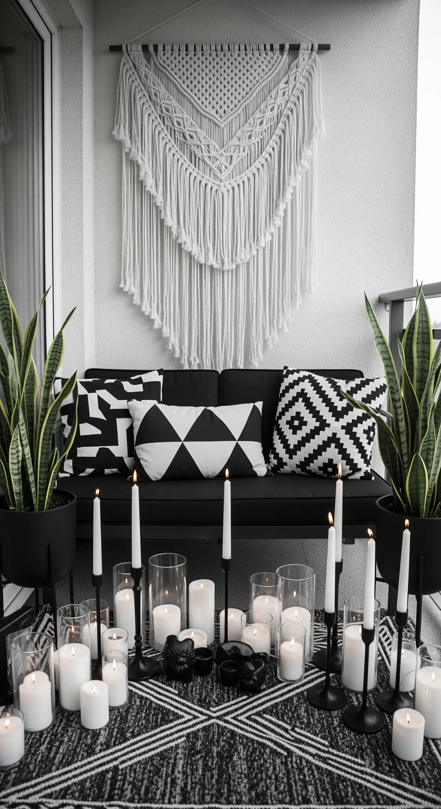 Schwarz-weißer Boho-Balkon mit grafischen Mustern und einem Meer aus weißen Kerzen