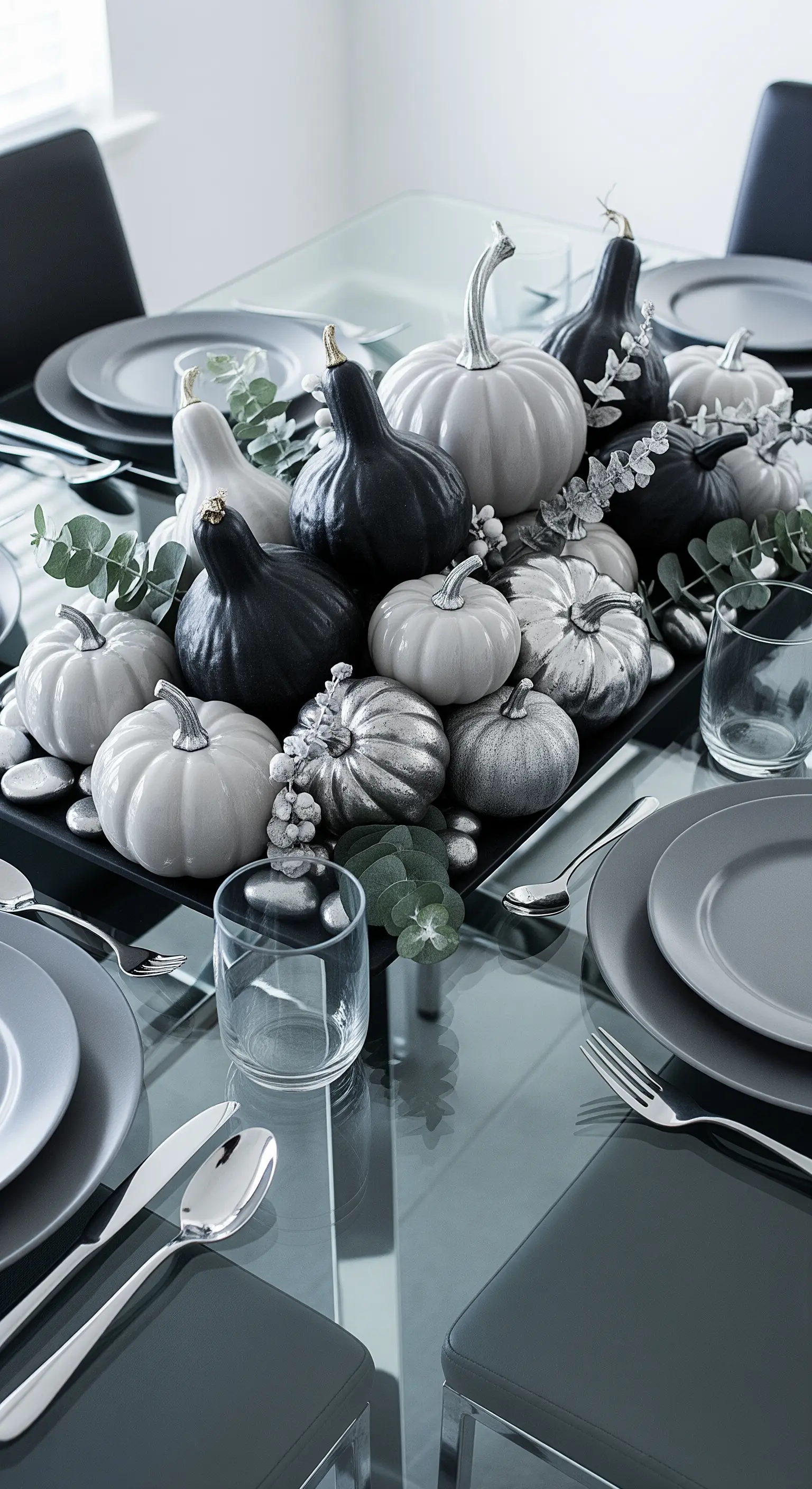 Modernes Kürbis-Arrangement in Schwarz, Weiß und Silber mit Eukalyptus auf einem Glastisch.