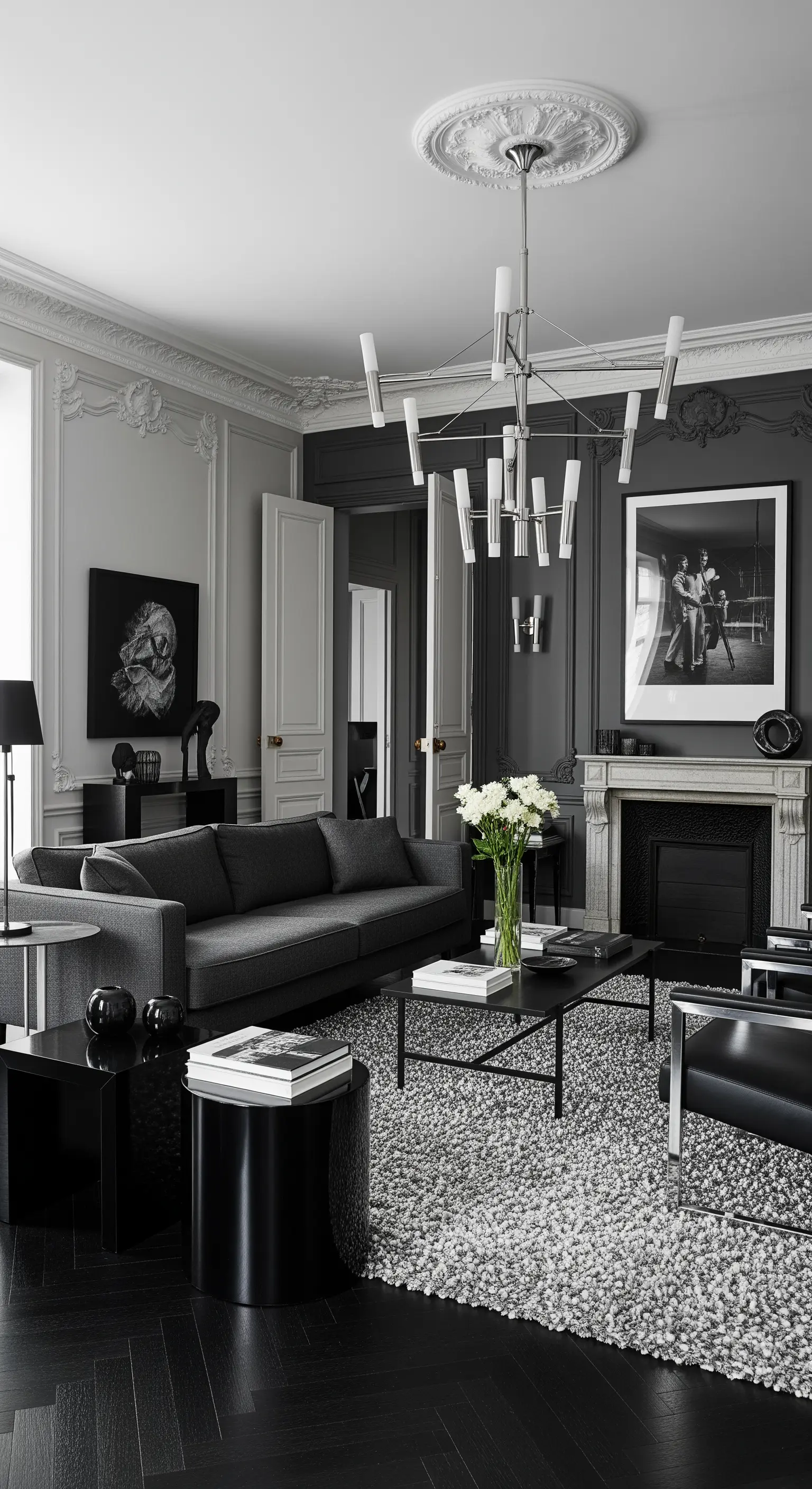 Modernes monochromes Wohnzimmer in Grau- und Schwarztönen mit unterschiedlichen Texturen.