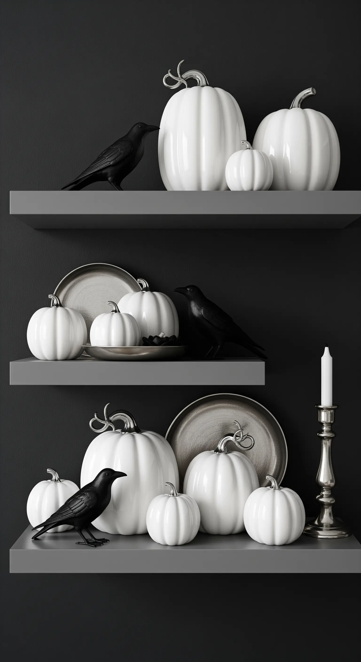 Monochrome Halloween-Deko in Schwarz, Weiß und Grau mit Kürbissen und Raben.