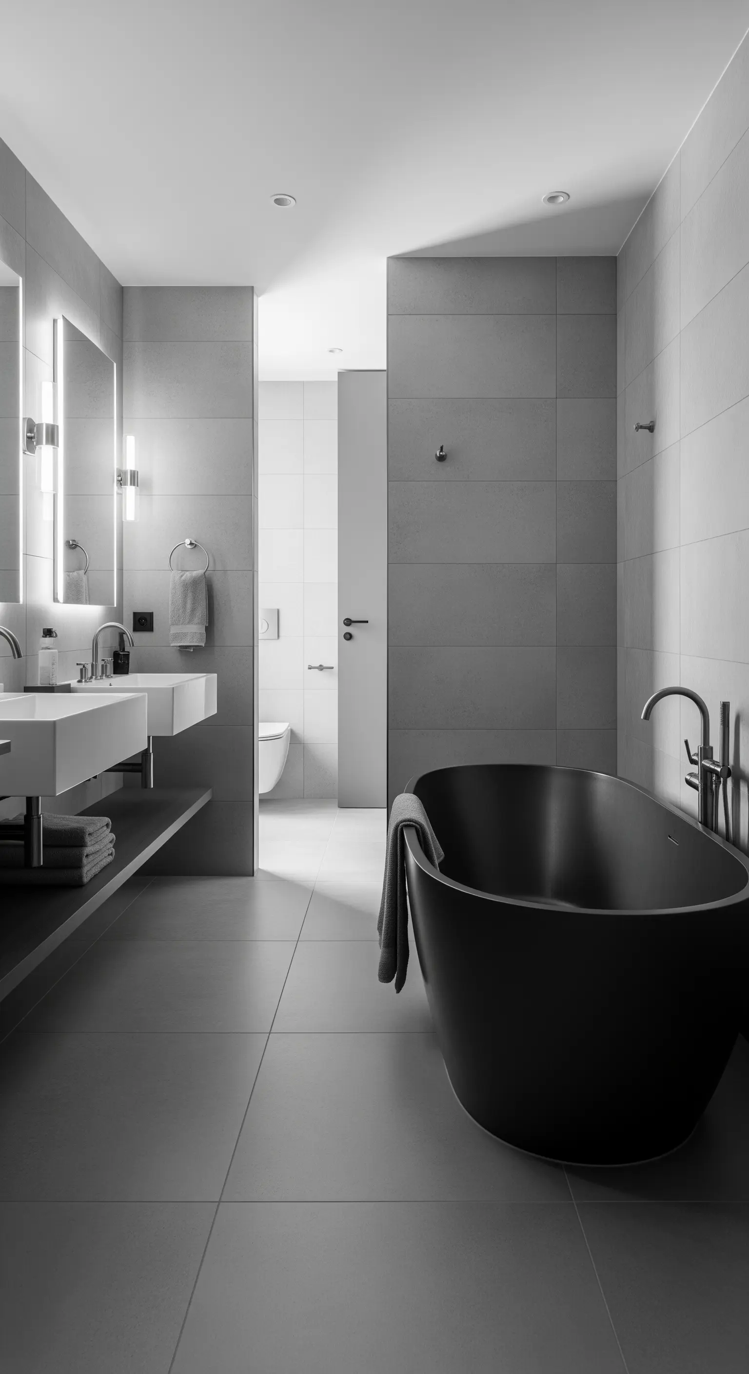Mattschwarze Badewanne in einem modernen, minimalistischen Badezimmer mit grauen Fliesen.