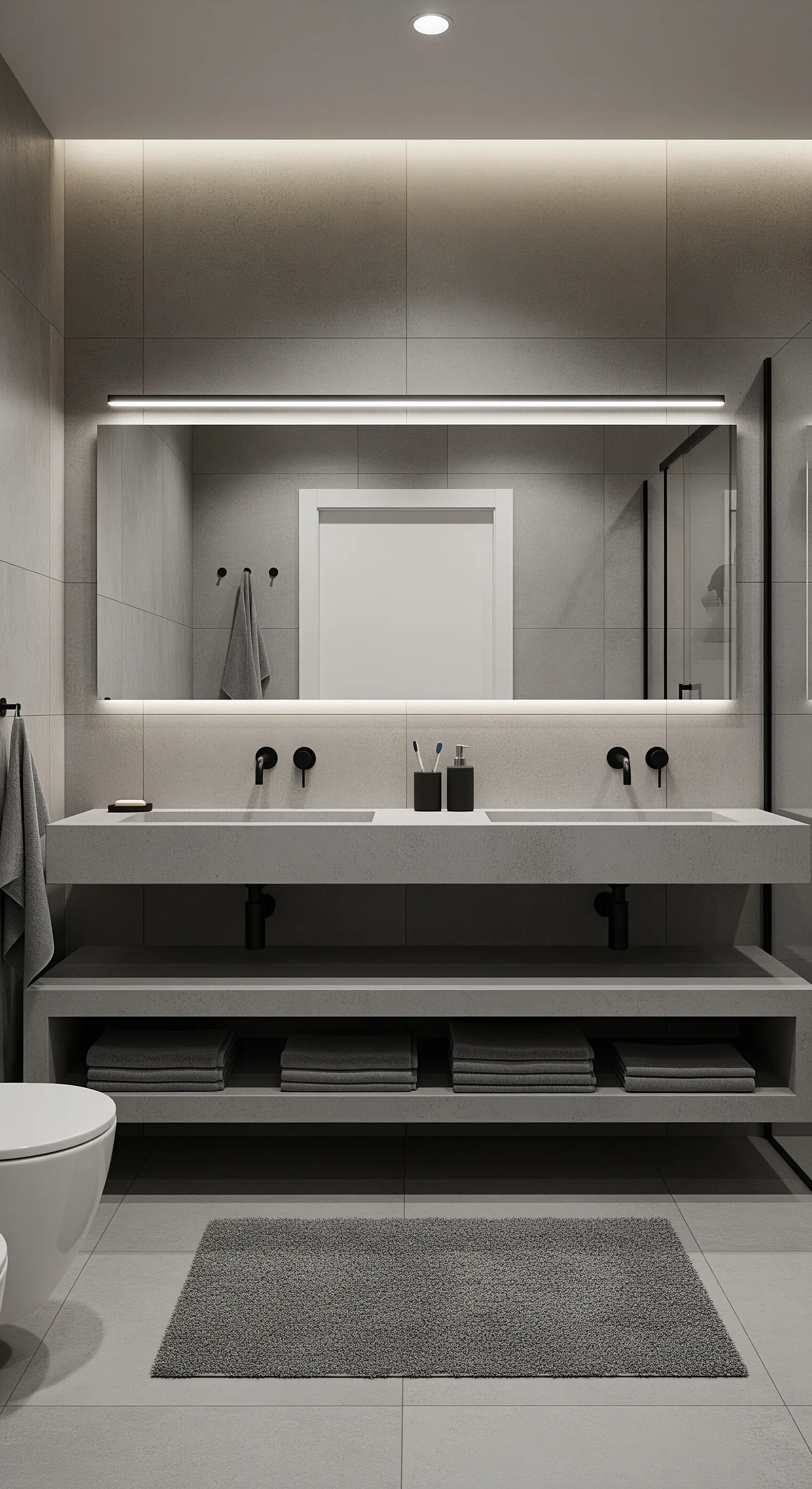 Moderner Waschtisch aus Beton mit offener Ablage für graue Handtücher.