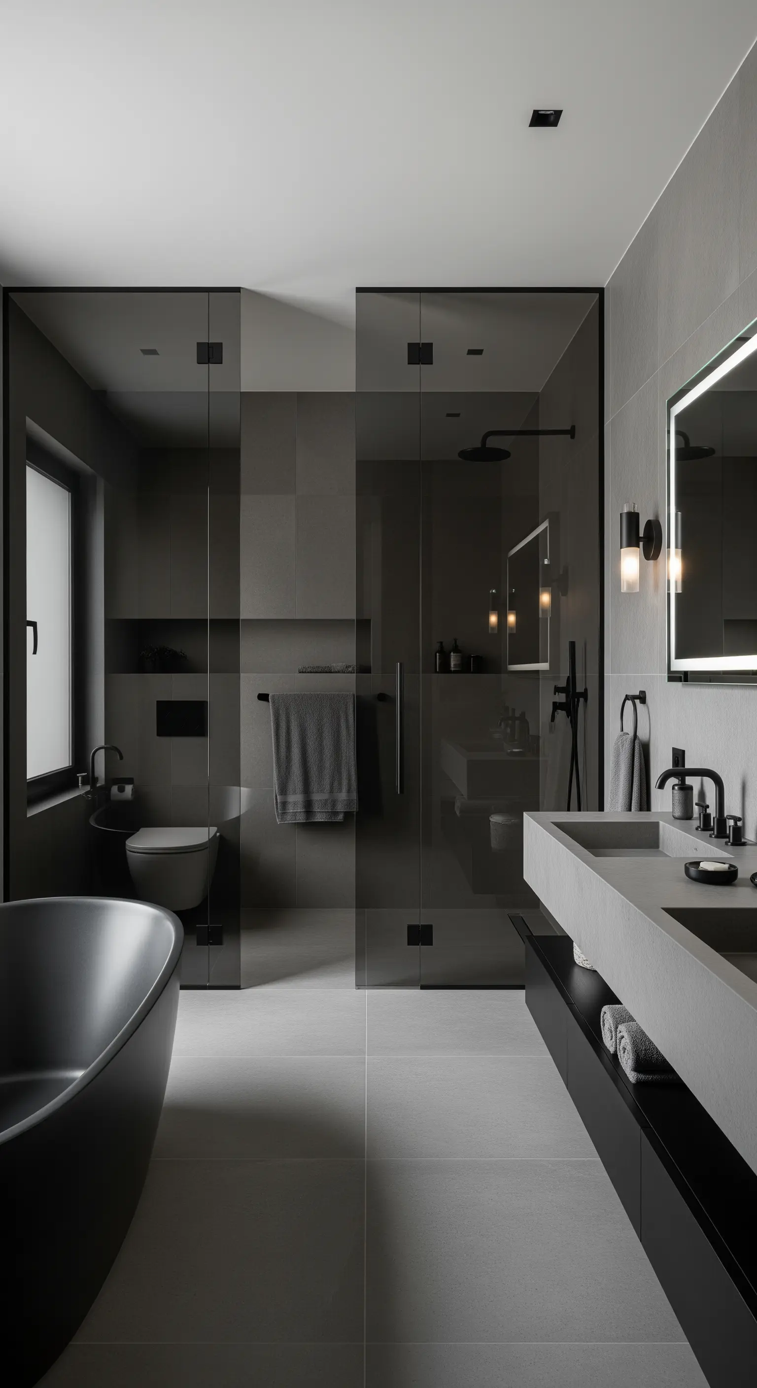 Modernes, minimalistisches Badezimmer in Grautönen mit Rauchglas-Dusche und hinterleuchtetem Spiegel.