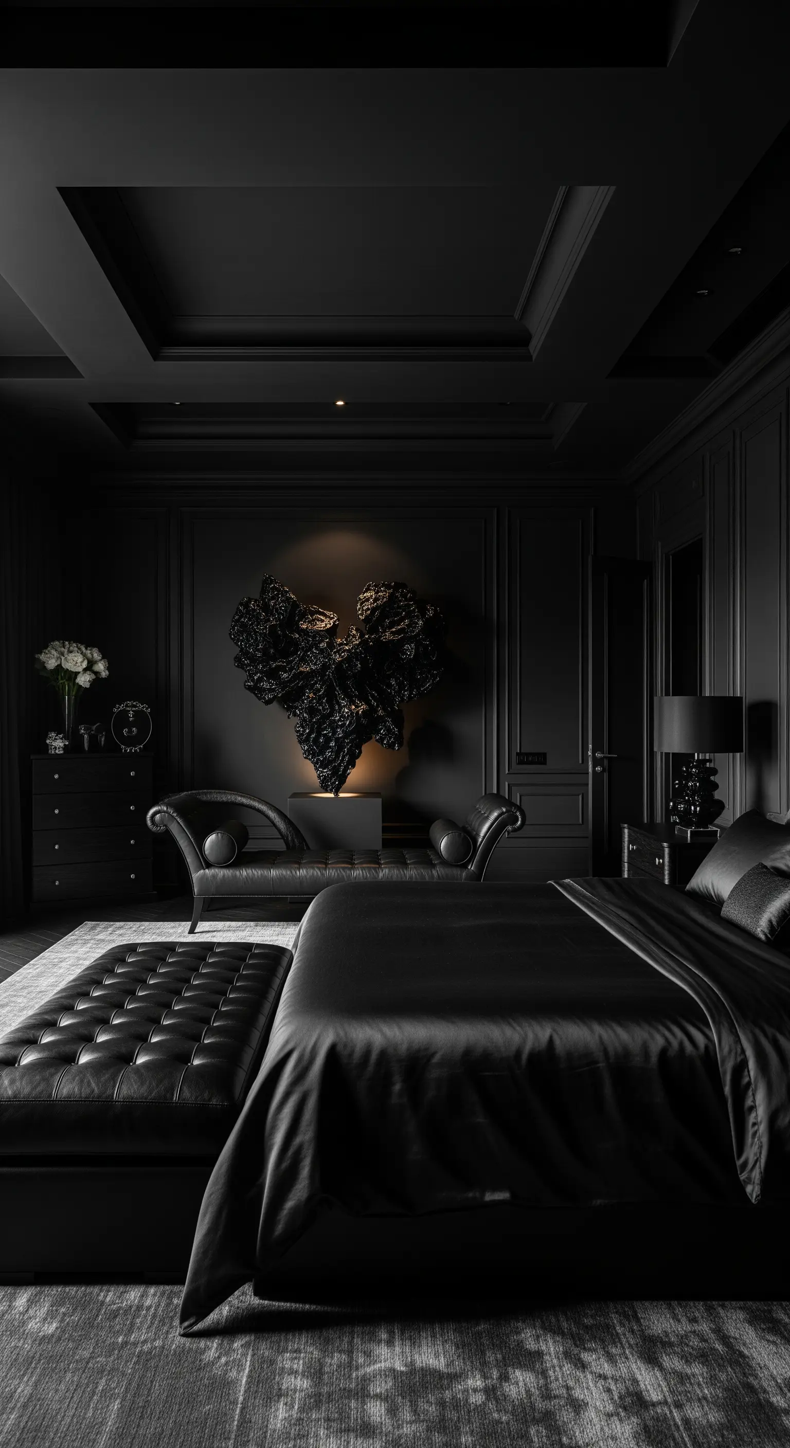 Abstrakte schwarze Skulptur an einer schwarzen Wand in einem luxuriösen Schlafzimmer.