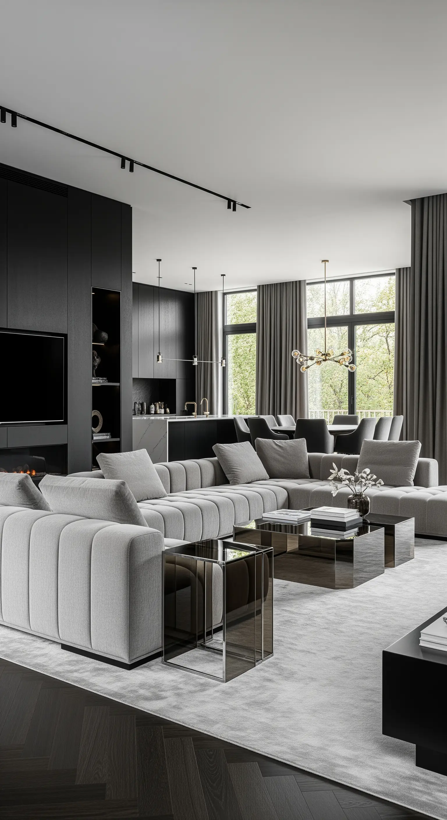 Großes, offenes Wohnzimmer in verschiedenen Grautönen mit einer großen Couch und Samtvorhängen