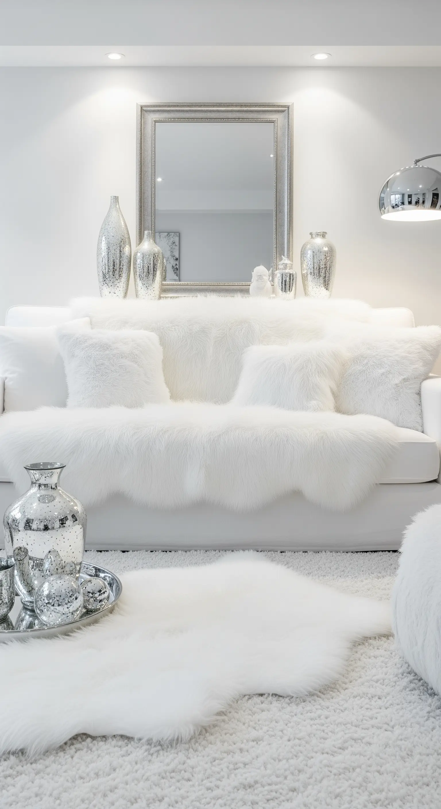 Ein komplett weißes Wohnzimmer mit Kunstfelldecken, weißen Kissen und silbernen Deko-Vasen.