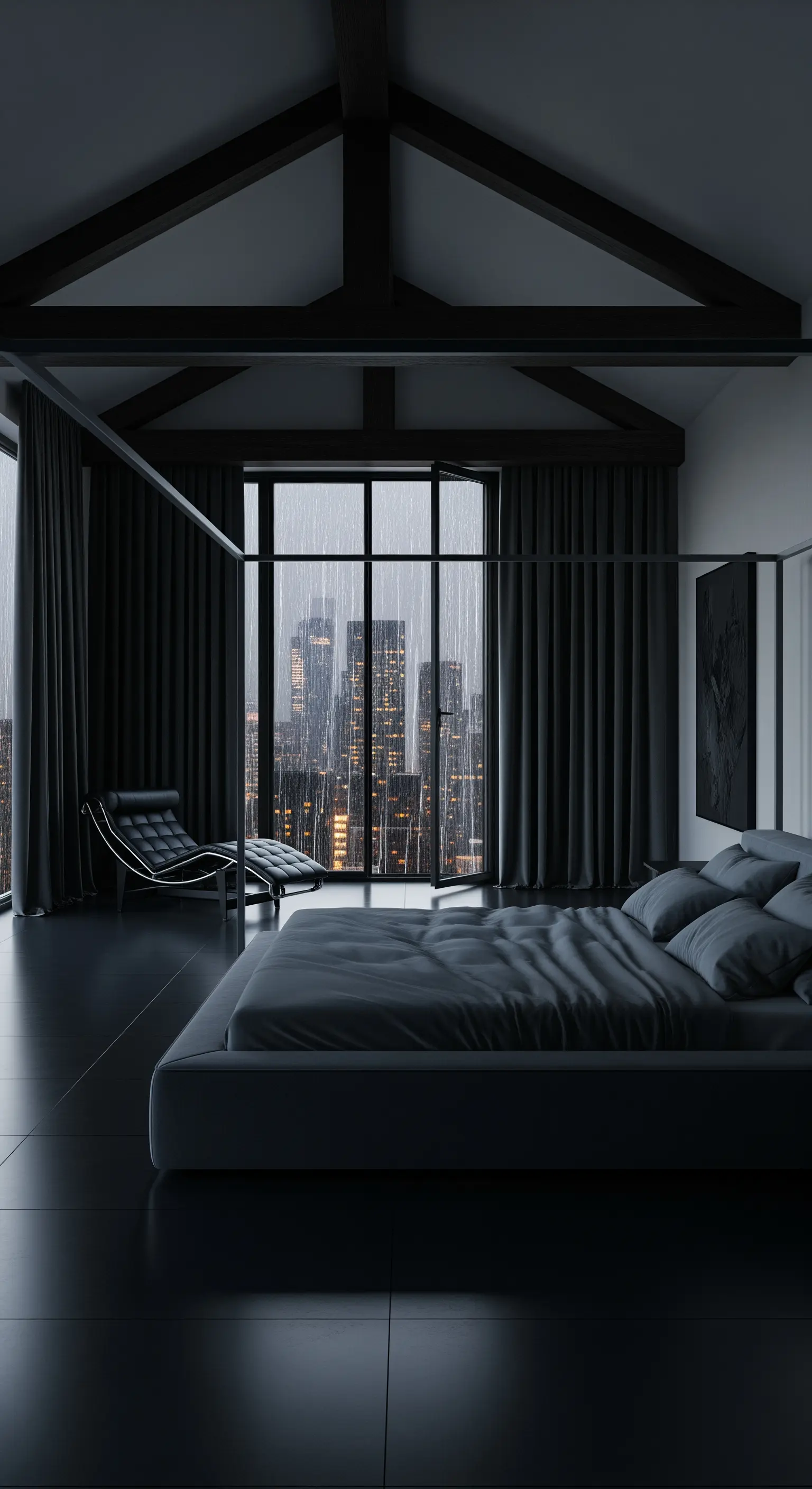 Schwarzes Himmelbett, graue Bettwäsche, bodentiefe Fenster, City-Skyline, monochrom